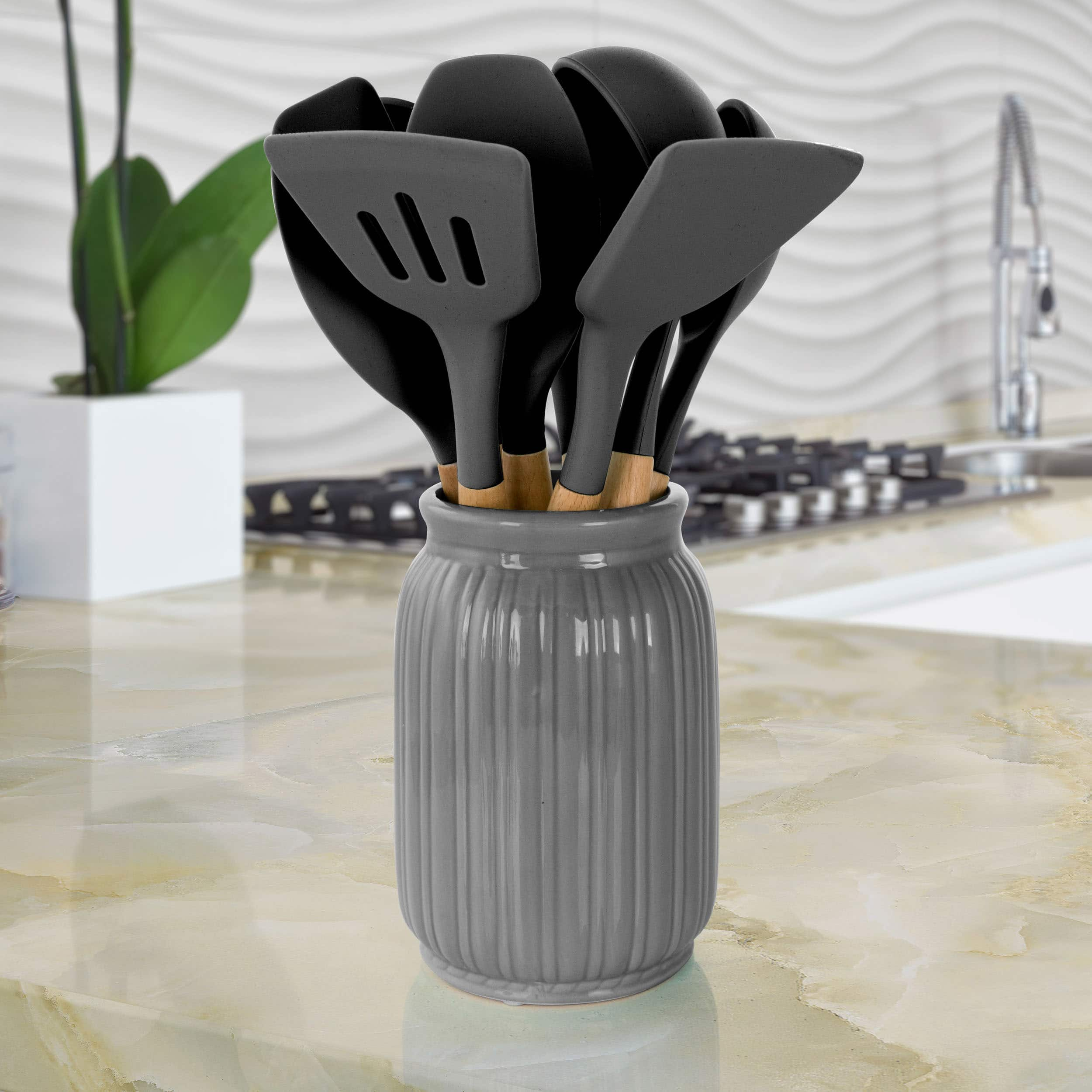 MegaChef Gray Silicone & Wood Cooking Utensils Set, 9ct.