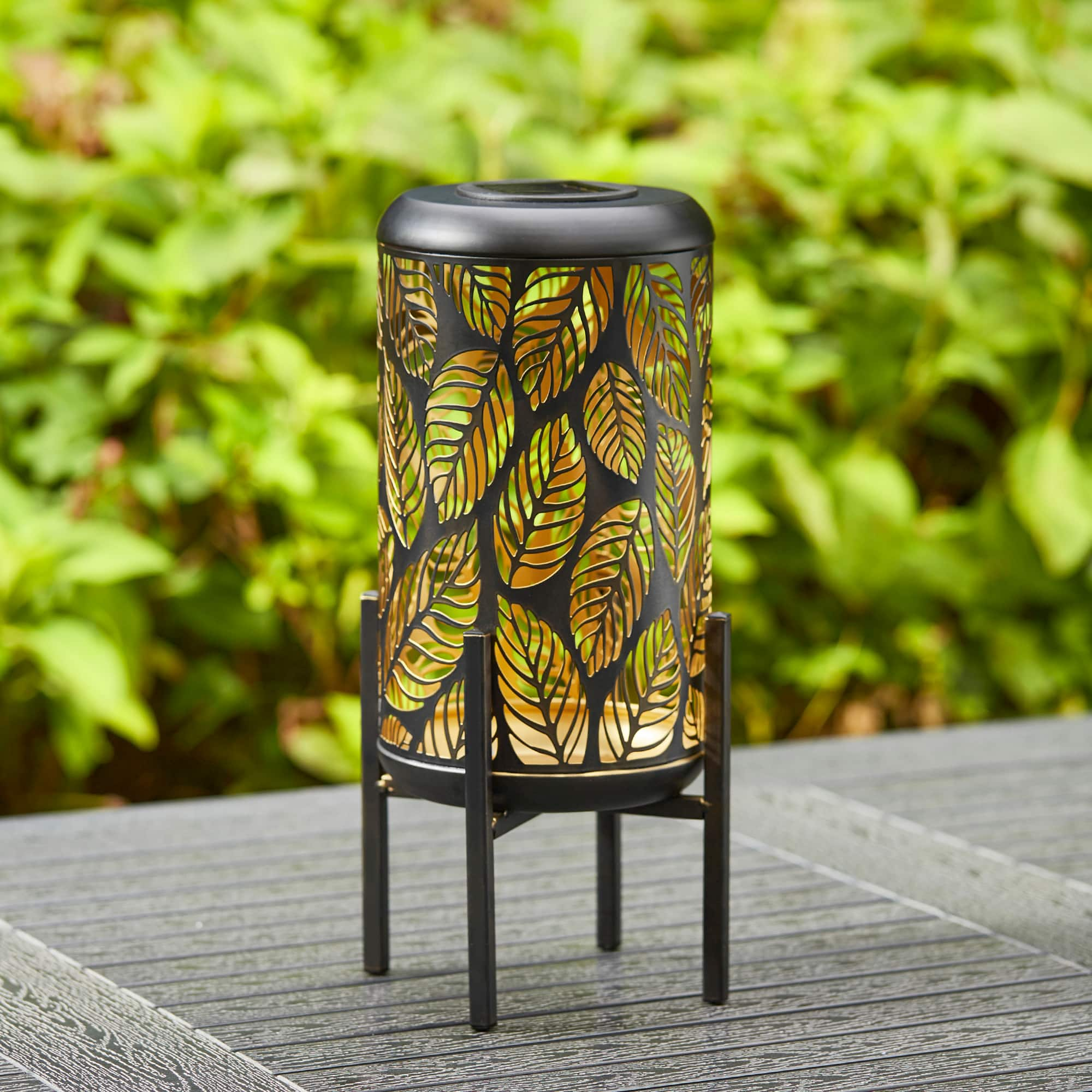 Glitzhome&#xAE; 14.25&#x22; Black Metal Cutout Leaves Pattern Solar Powered LED Outdoor Lantern