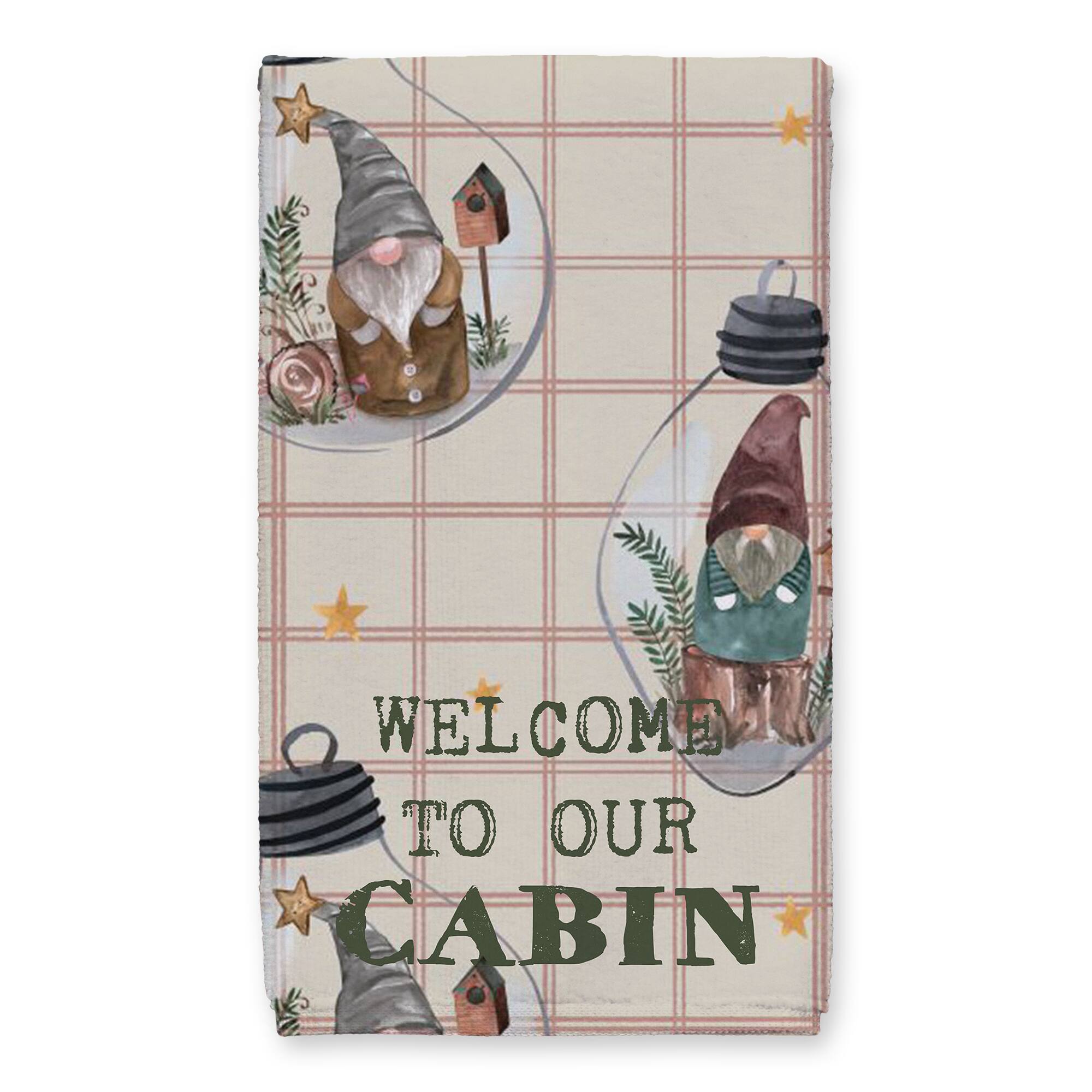 Welcome to our Cabin Cream and Red Check Gnome Globe Pattern Tea Towel - Set of 2