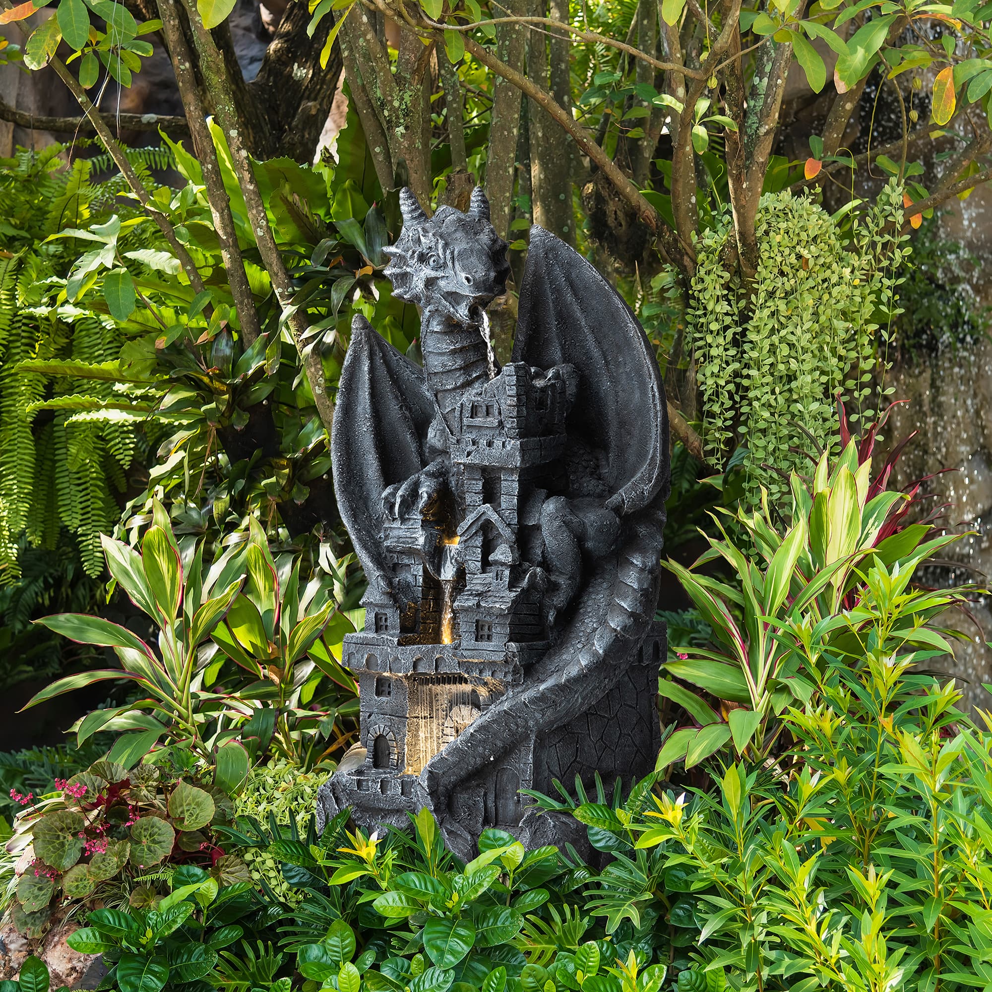 Glitzhome&#xAE; 36.5&#x22; 4-Tier Gothic Dragon Sculptural Outdoor Fountain with LED Light