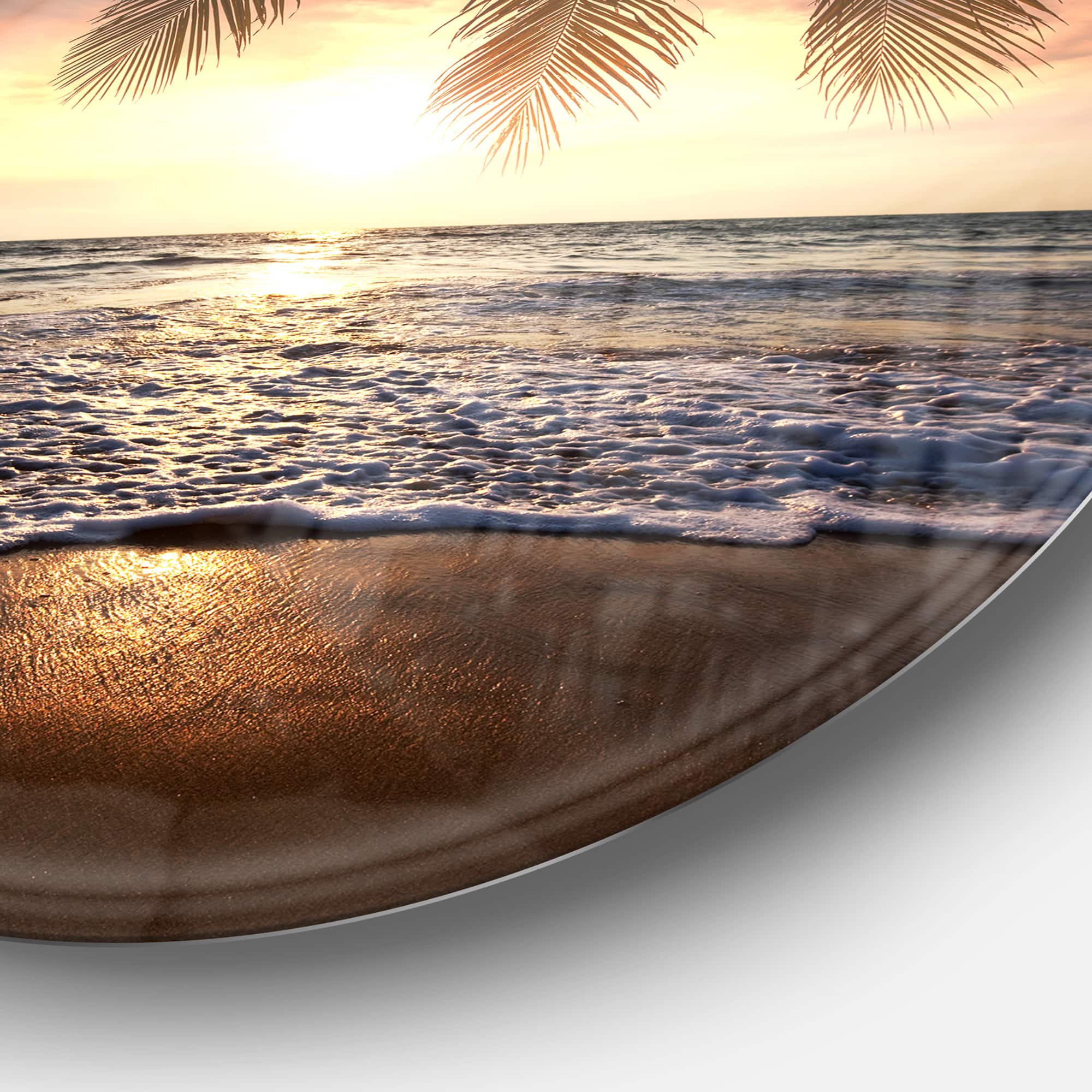 Designart - Tropical Beach with Palm Leaves' Seashore Oversized Circle Metal Artwork