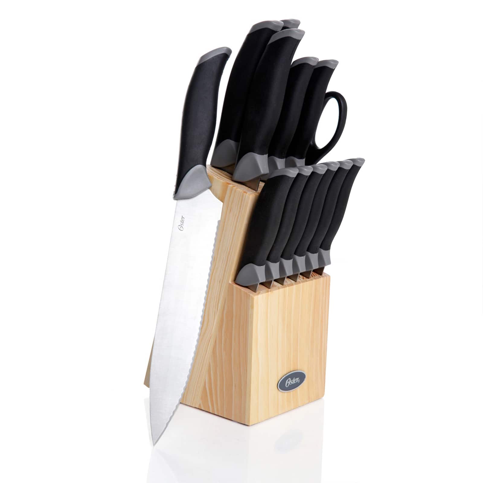 Oster Lindbergh 14 Piece Stainless Steel Cutlery Knife Set with Pine Wood Block