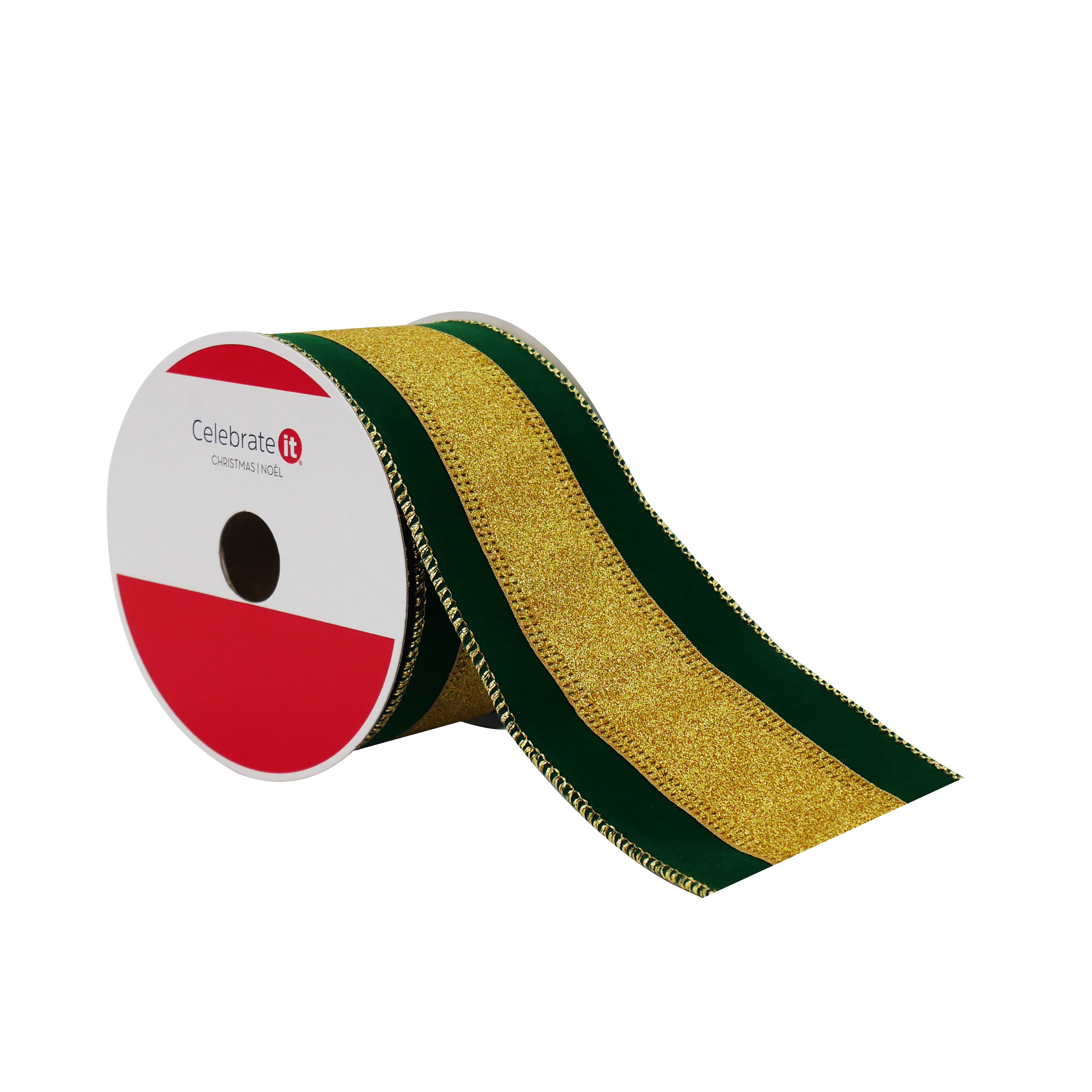 2.5" x 20ft. Green with Gold Stripe Wired Ribbon by Celebrate It®