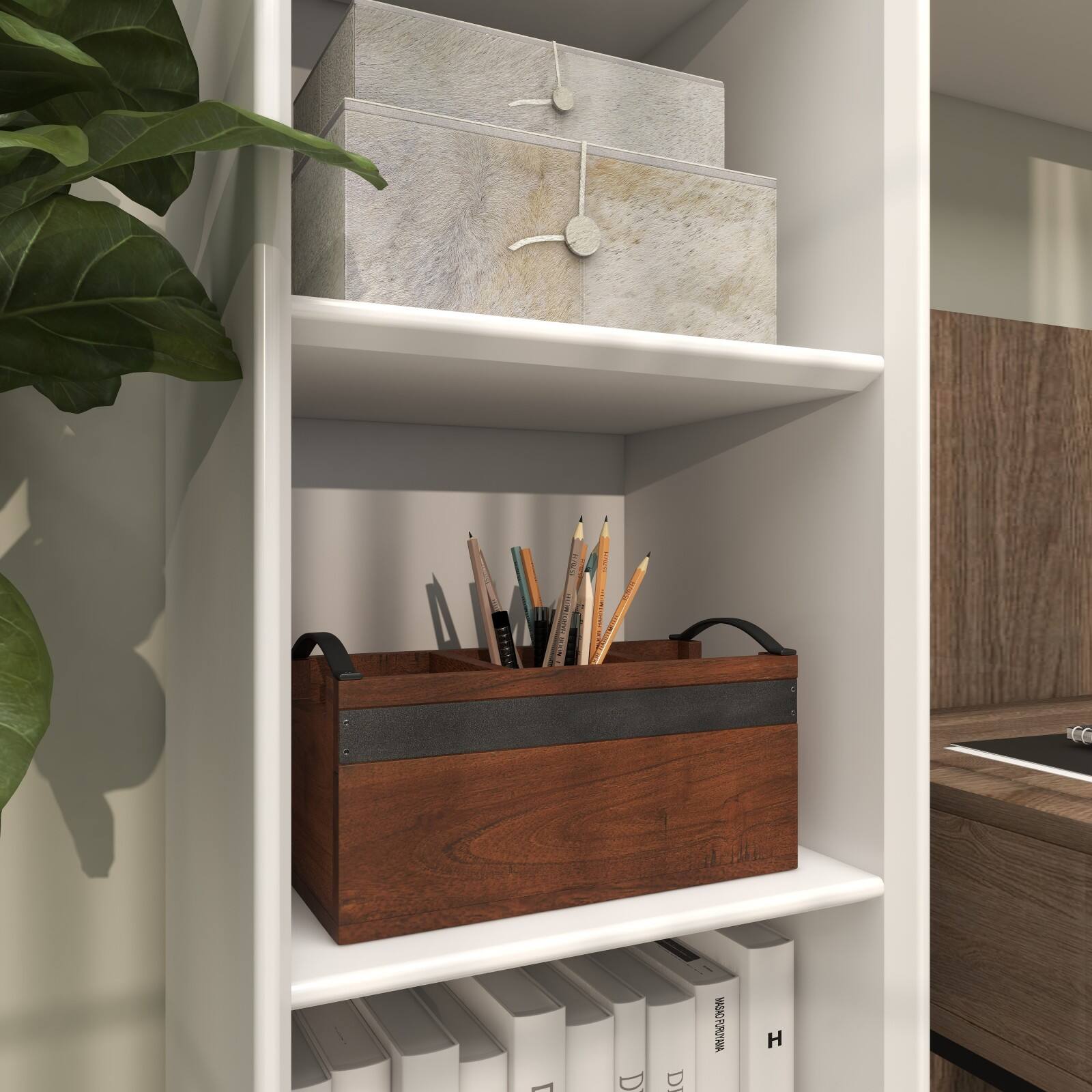 11.5" Brown Wood Modern 3 Section Decorative Tray with Metal Handles