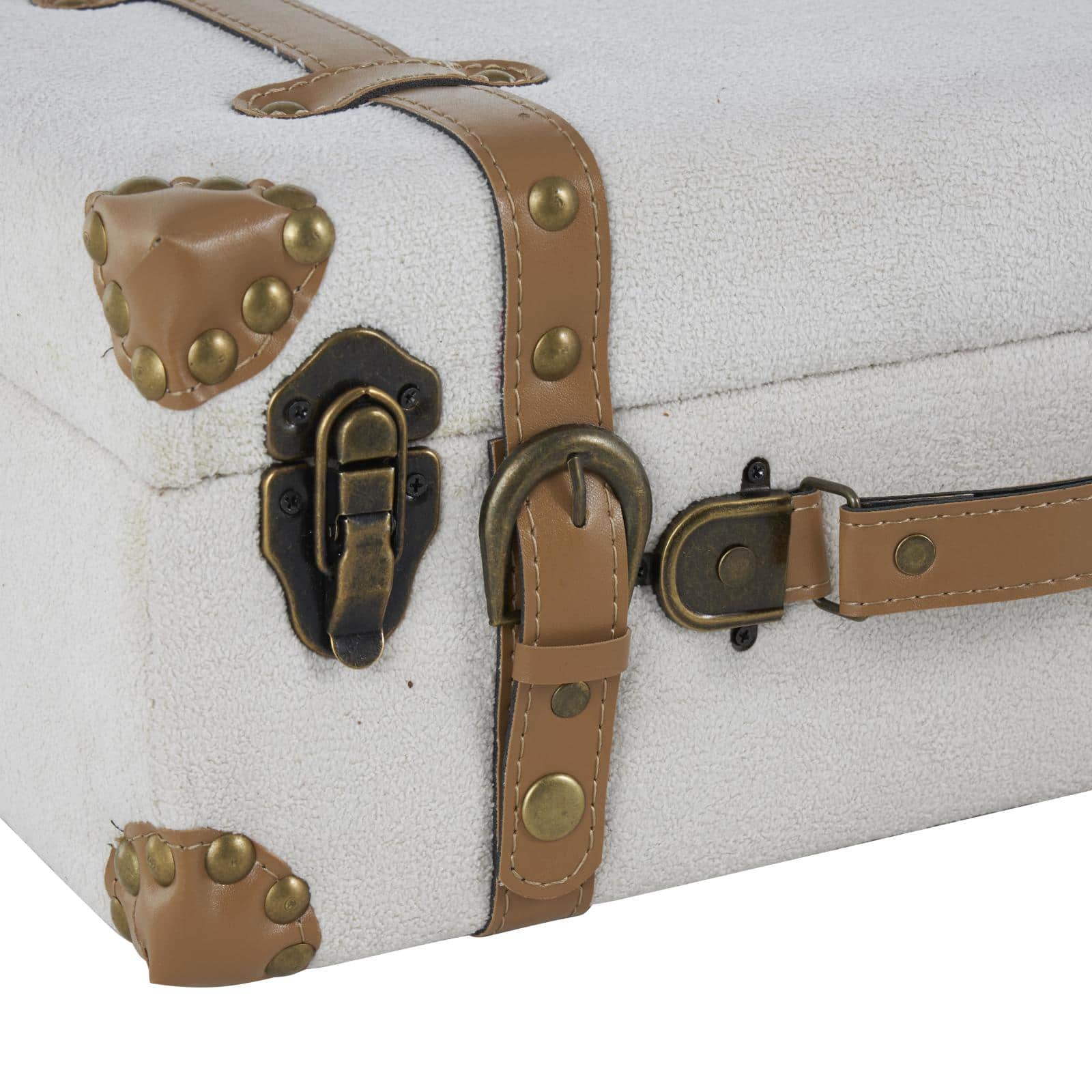 Light Gray Wooden Vintage Storage Trunk Set with Brown Leather Accents & Bronze Latches