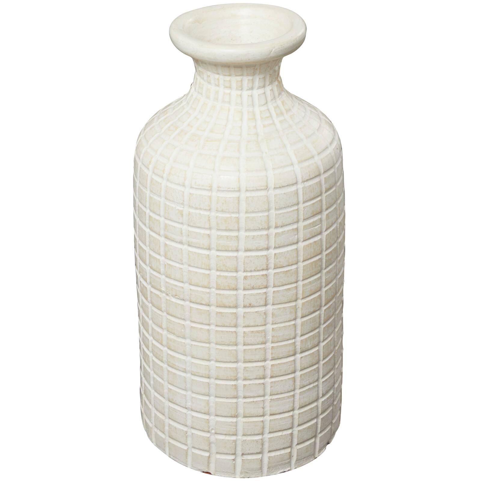 Cream Ceramic Textured Geometric Vase with Checkered Pattern