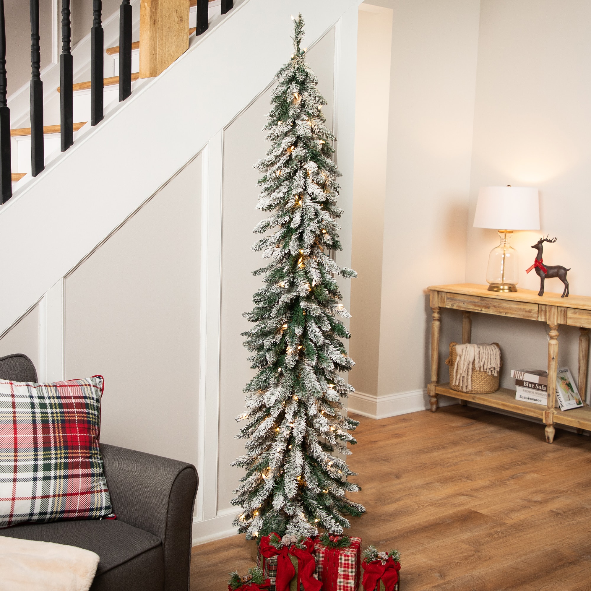 6ft. Pre-Lit Pencil Flocked Alpine Artificial Christmas Tree, Clear Lights