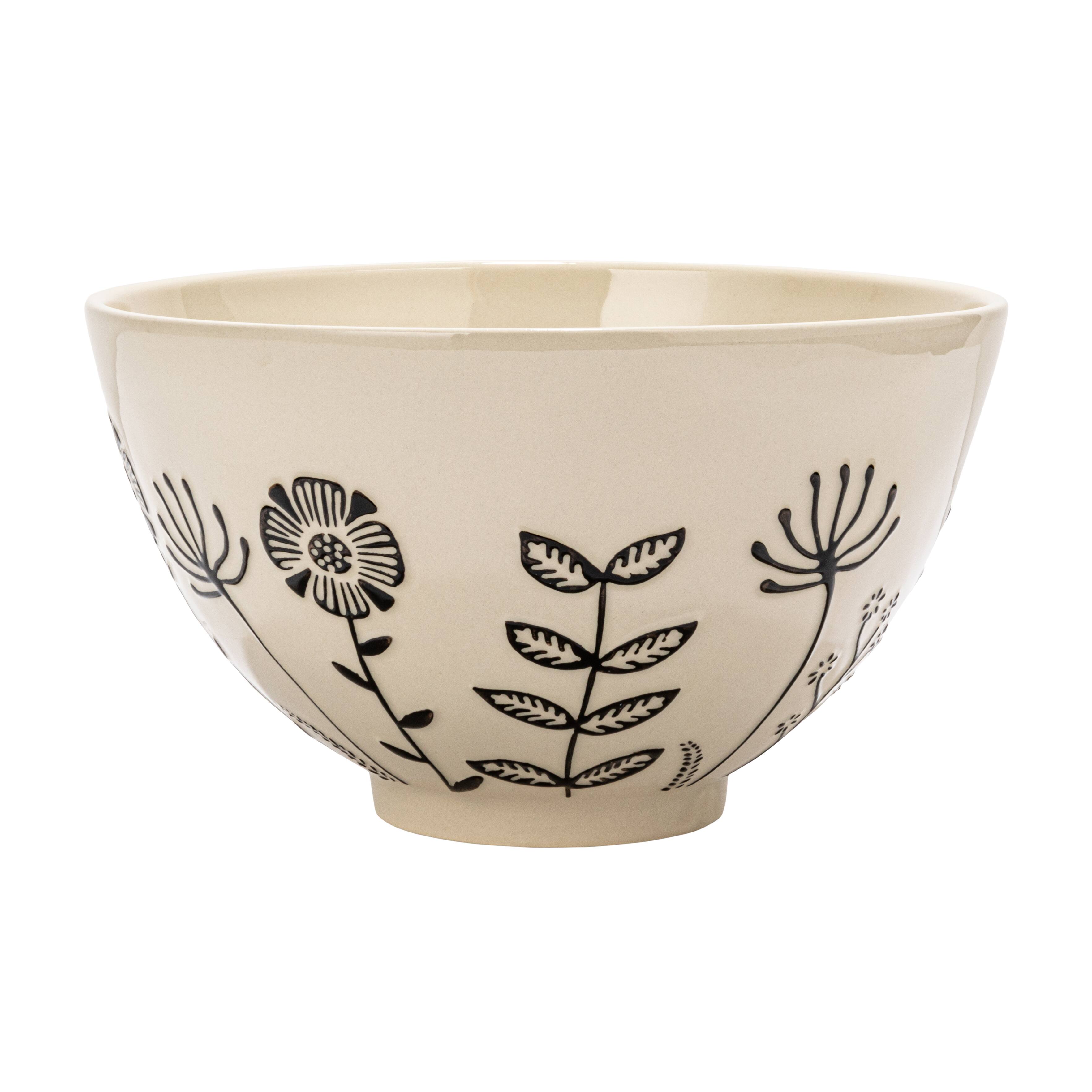 Hello Honey® 12" Cream & Black Embossed Flowers Hand-Painted Stoneware Serving Bowl