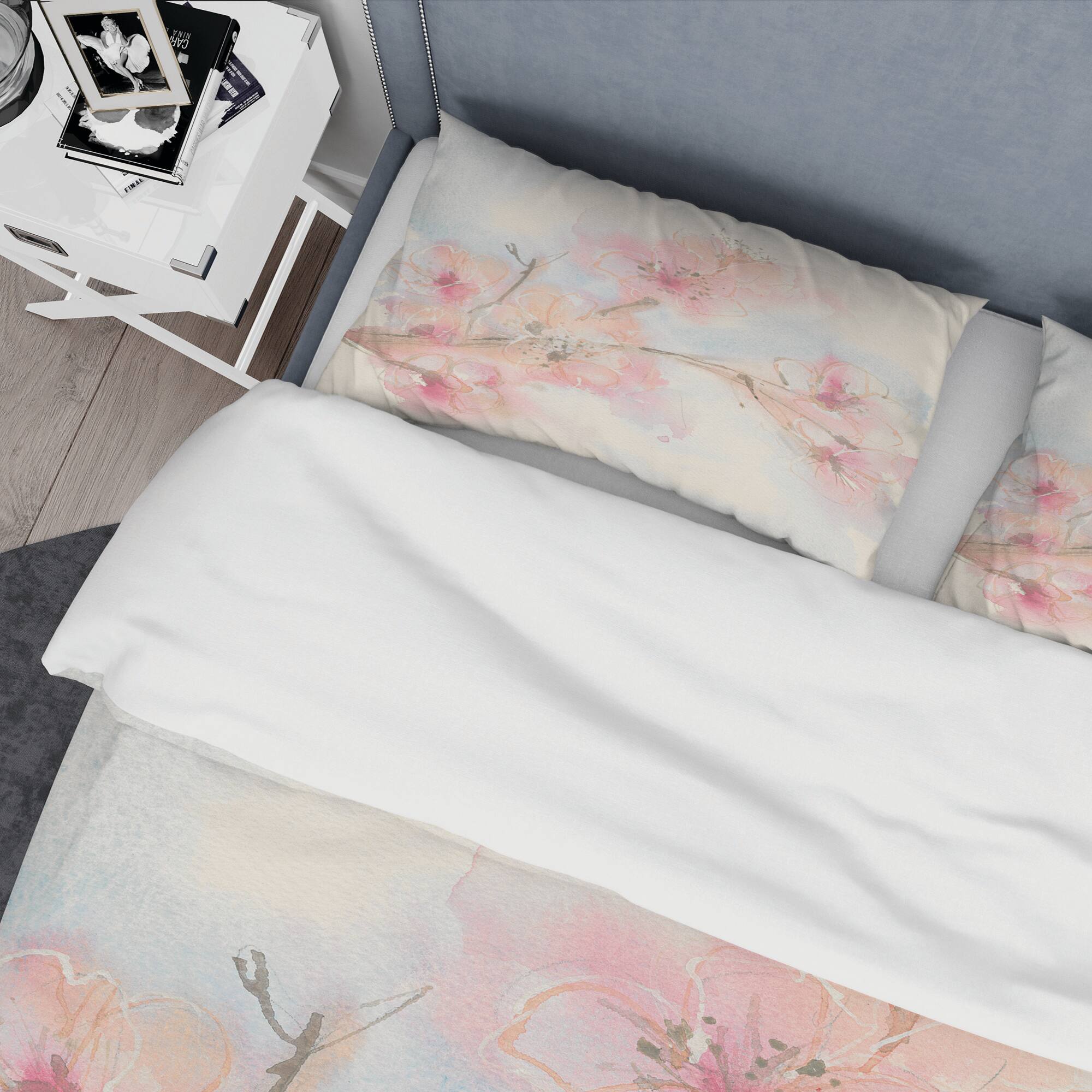 Designart &#x27;Pink Blossoms Branch&#x27; Shabby Bedding Set - Duvet Cover &#x26; Shams