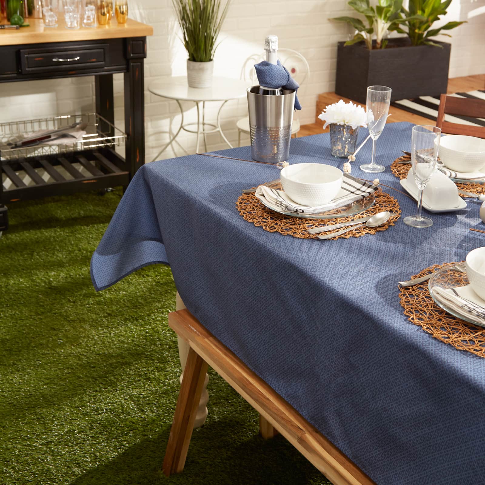 French Blue Tonal Lattice Print Outdoor Tablecloth 60" Round