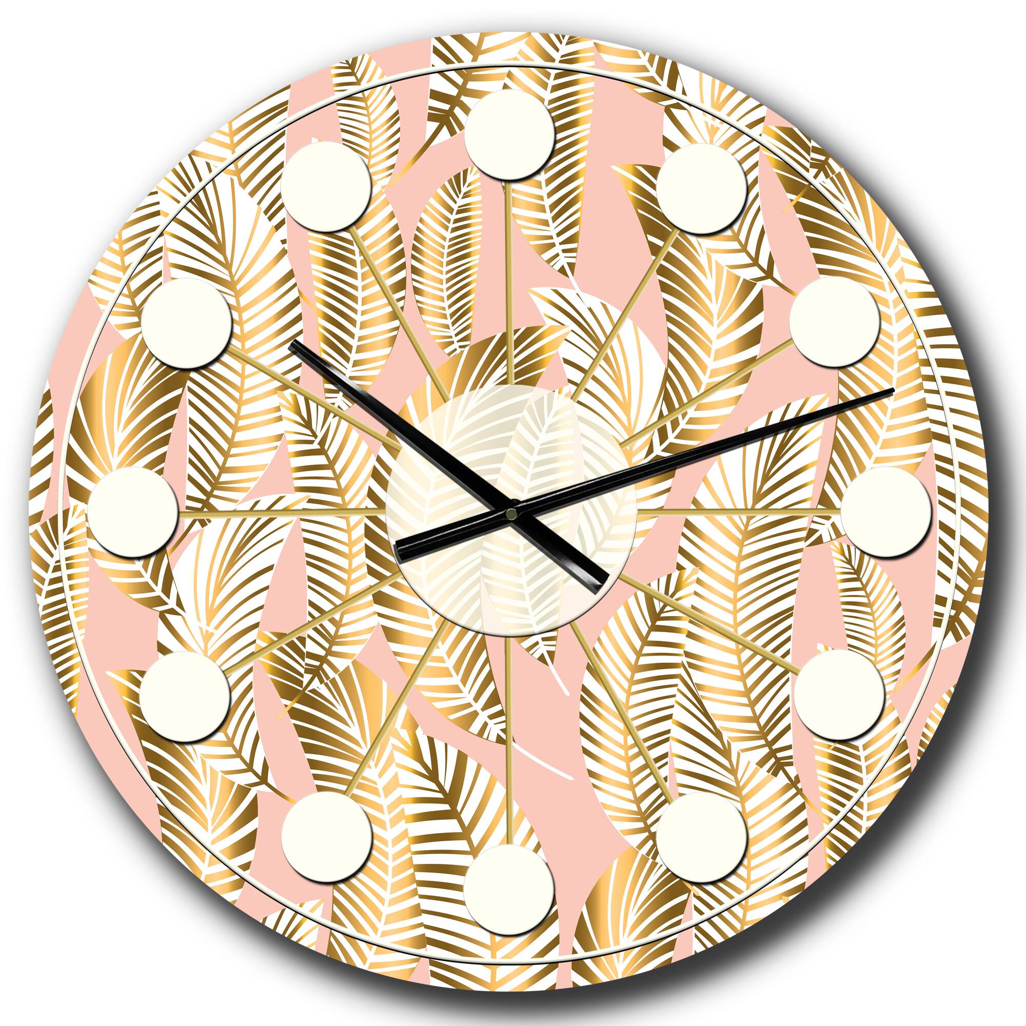 Designart &#x27;Golden Palm Leaves I Mid-Century Modern Wall Clock