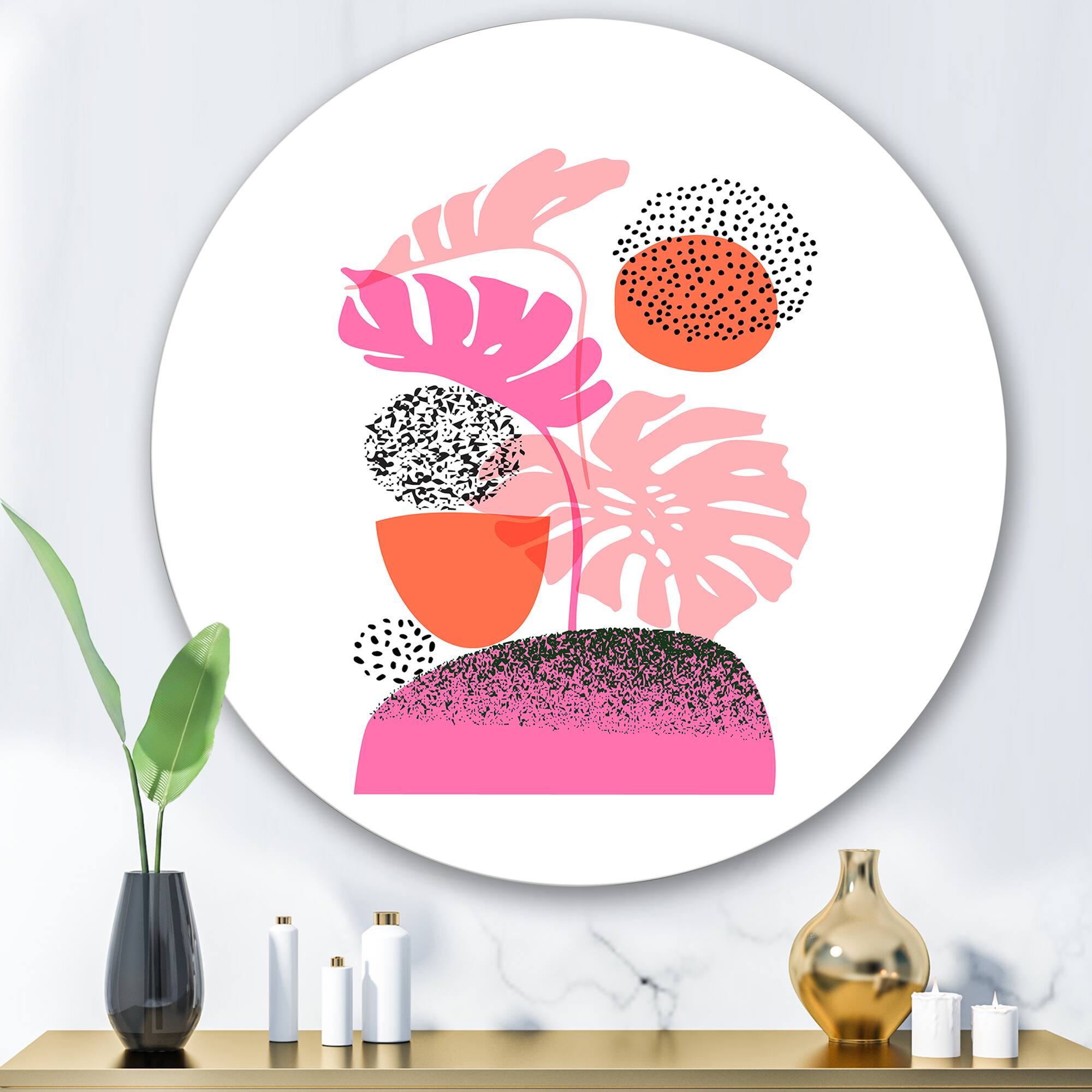 Designart - Geometric Moon & Sun Shapes With Tropical Leaves - Modern Metal Circle Wall Art