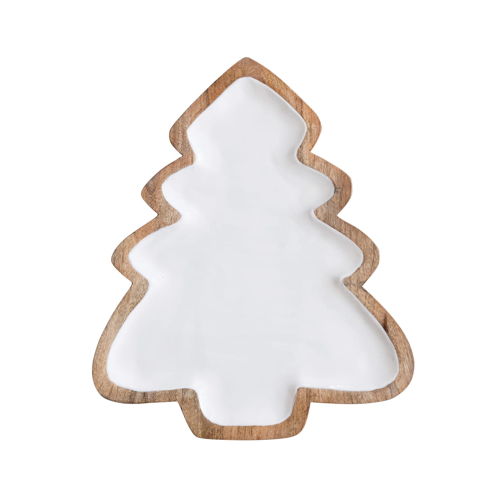 Hello Honey&#xAE; 14.5&#x22; White &#x26; Natural Enameled Mango Wood Christmas Tree Shaped Tray