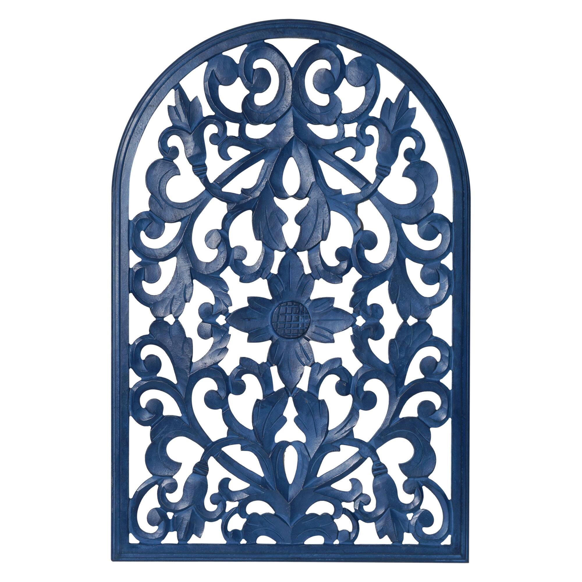 American Art Décor™ 36" Hand-Carved Arched Navy Blue Wood Wall Accent Medallion