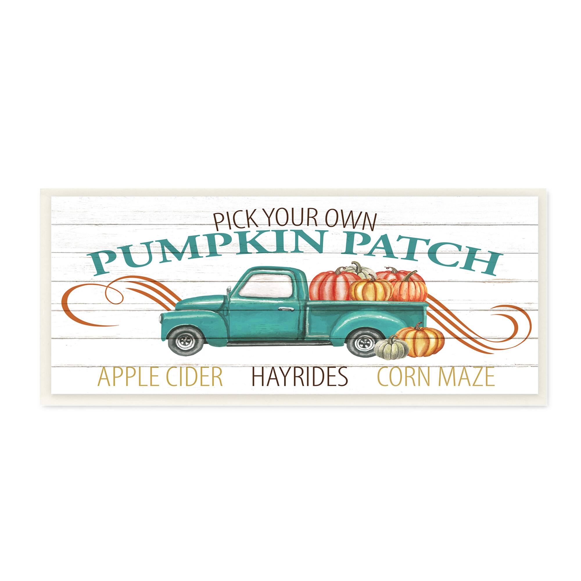 Stupell Industries Turquoise Truck Autumn Harvest Pumpkin Patch Sign Wood Wall Plaque