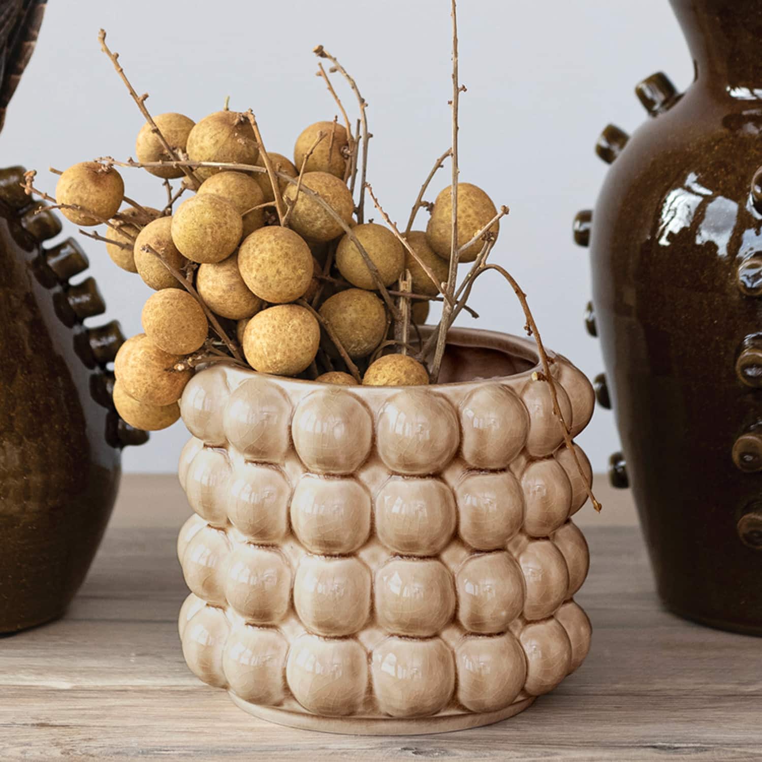 Hello Honey&#xAE; 6&#x22; Tan Round Stoneware Planter with Raised Dots