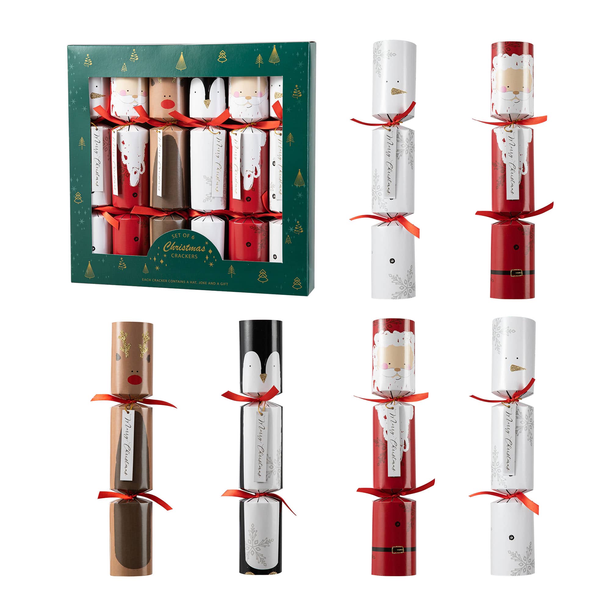 Glitzhome® 12" Christmas Santa, Snowman, Penguin & Reindeer Party Cracker with Gift Contents, 6ct.