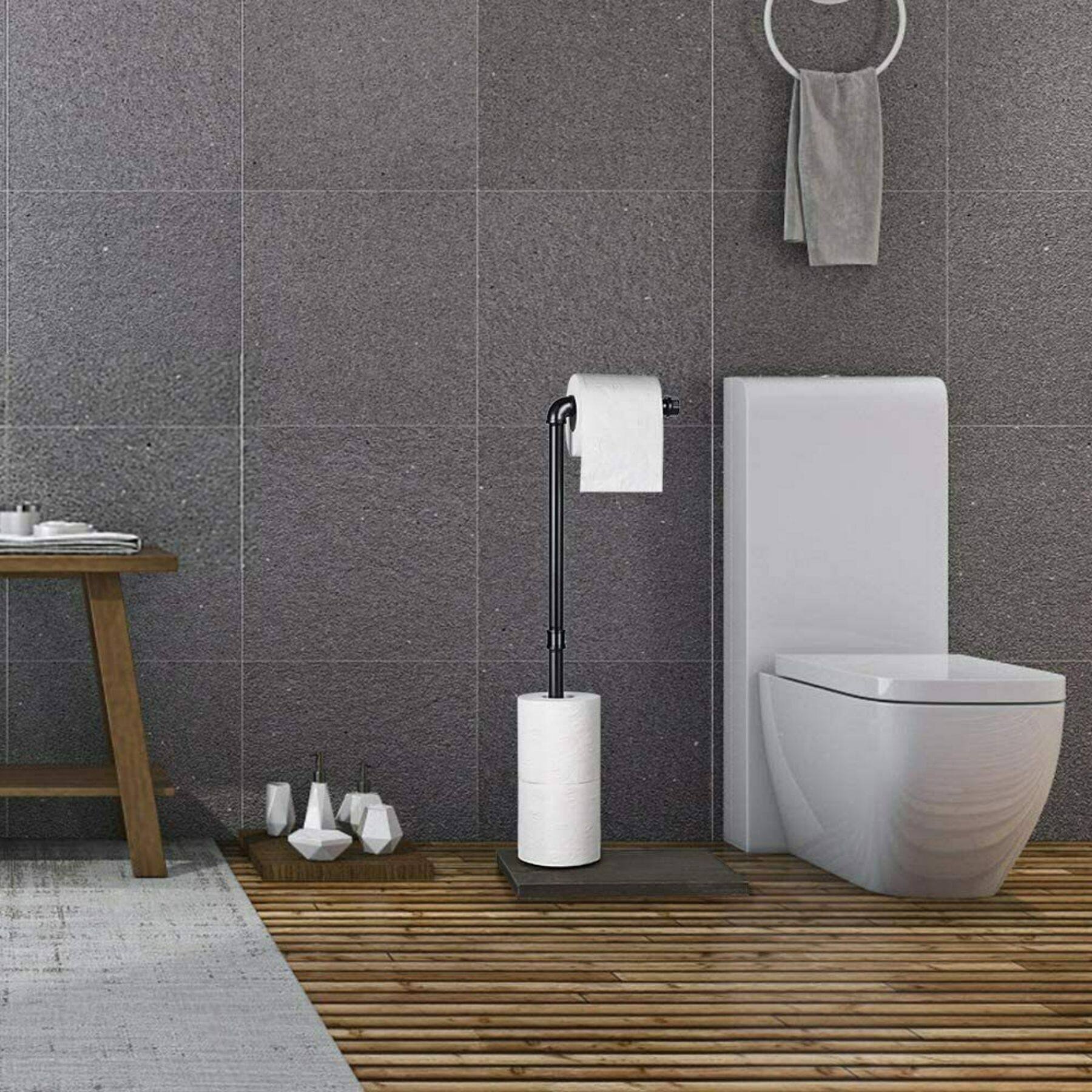 NEX™ 24" Brown Freestanding Iron Pipe Toilet Paper Holder with Solid Wood Base