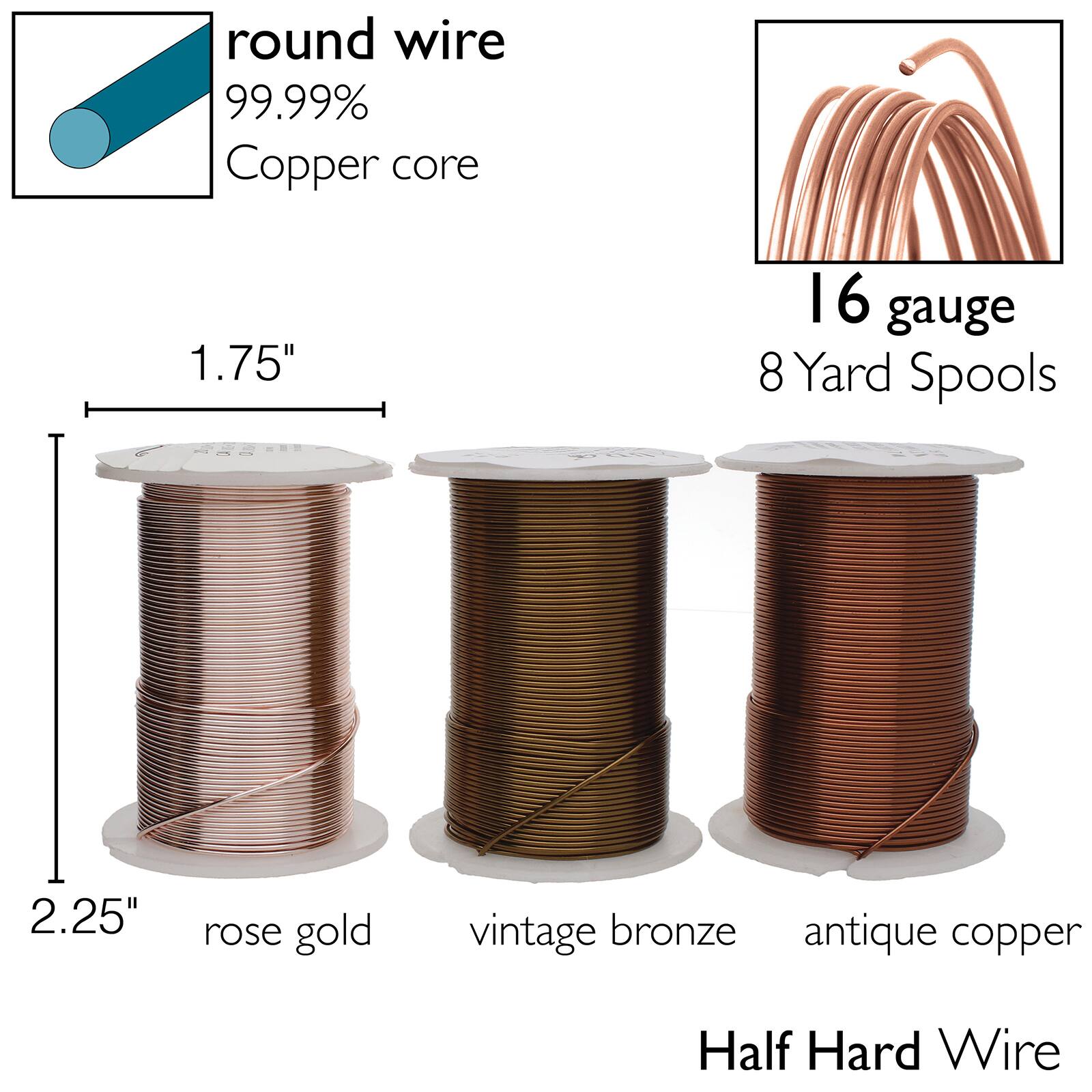 The Beadsmith&#xAE; 16 Gauge Wire Elements&#x2122; Tarnish Resistant Medium Temper Antique Copper, Vintage Bronze &#x26; Rose Gold Wire, 6ct.