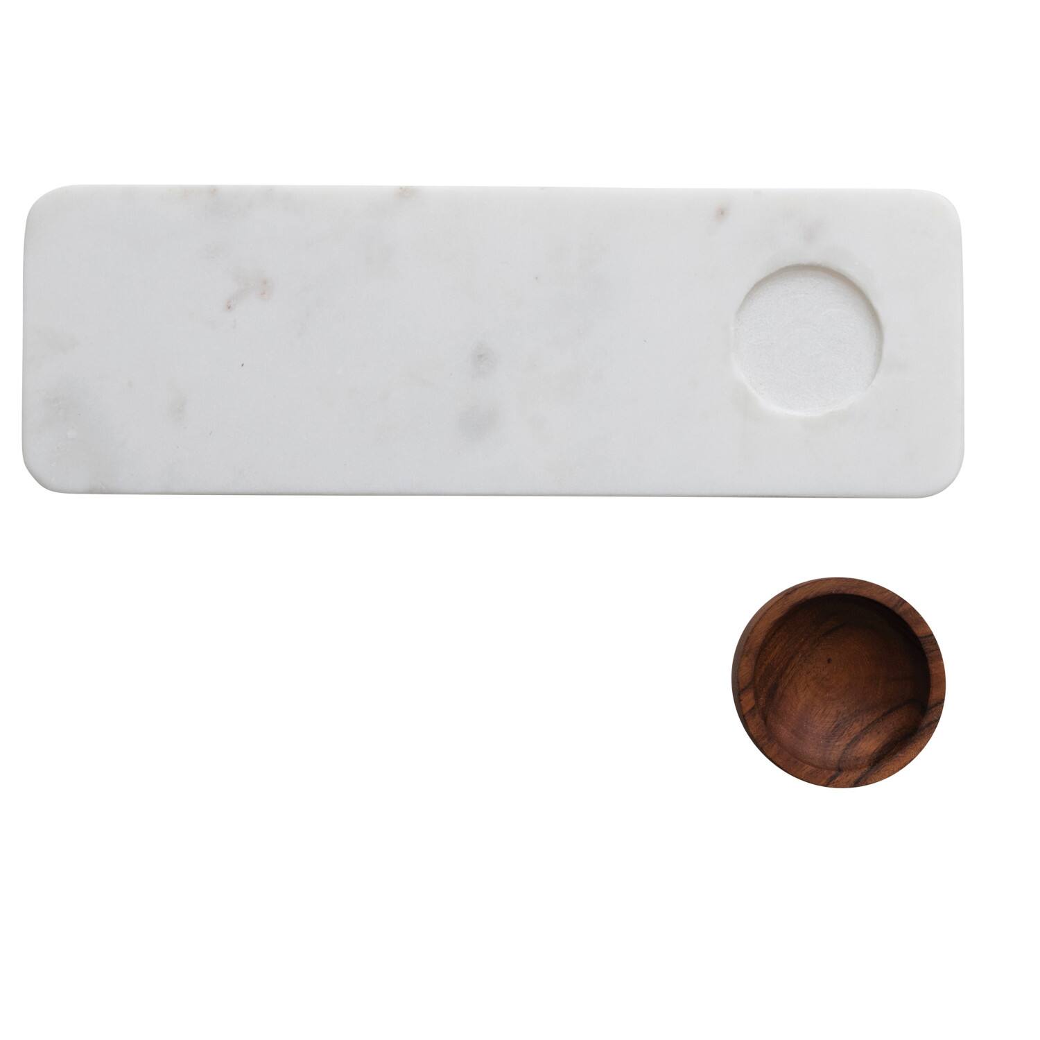Hello Honey® 15" White Modern Marble Charcuterie Board with Brown Acacia Wood Bowl