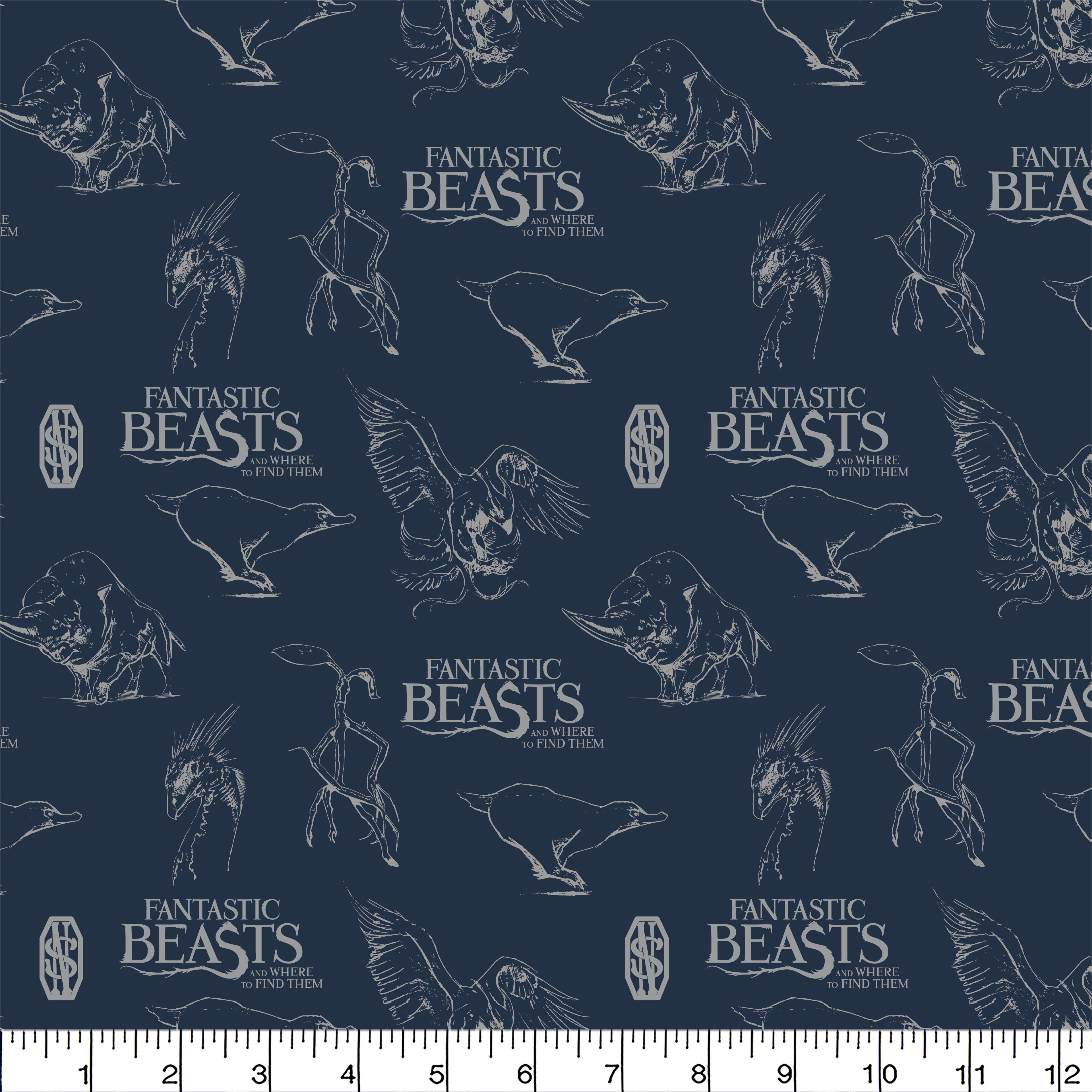 Harry Potter&#x2122; Metallic Fantastic Beasts&#x2122; Logo &#x26; Creatures on Navy Cotton Fabric