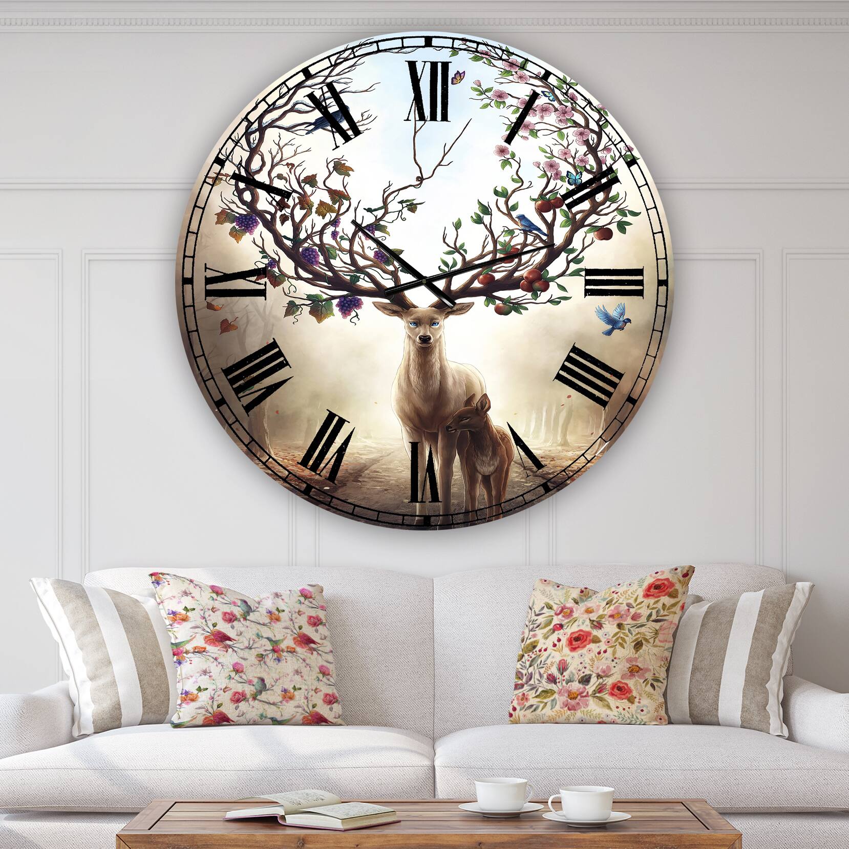 Designart &#x27;Deer With Blossoming Antlers Large Cottage Wall Clock