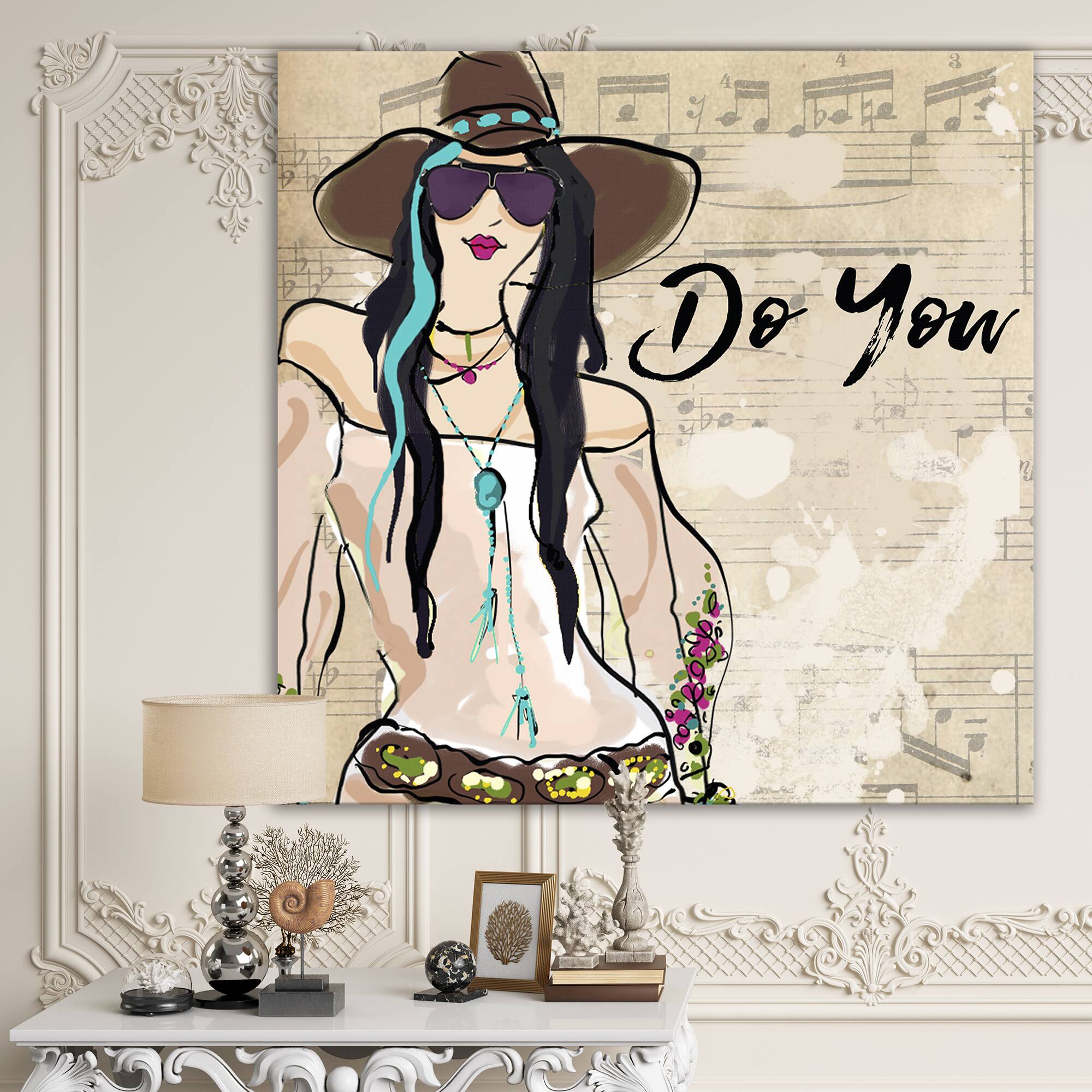 Designart - Hippy Girl On Old Style Music Score - Fashion Canvas Artwork