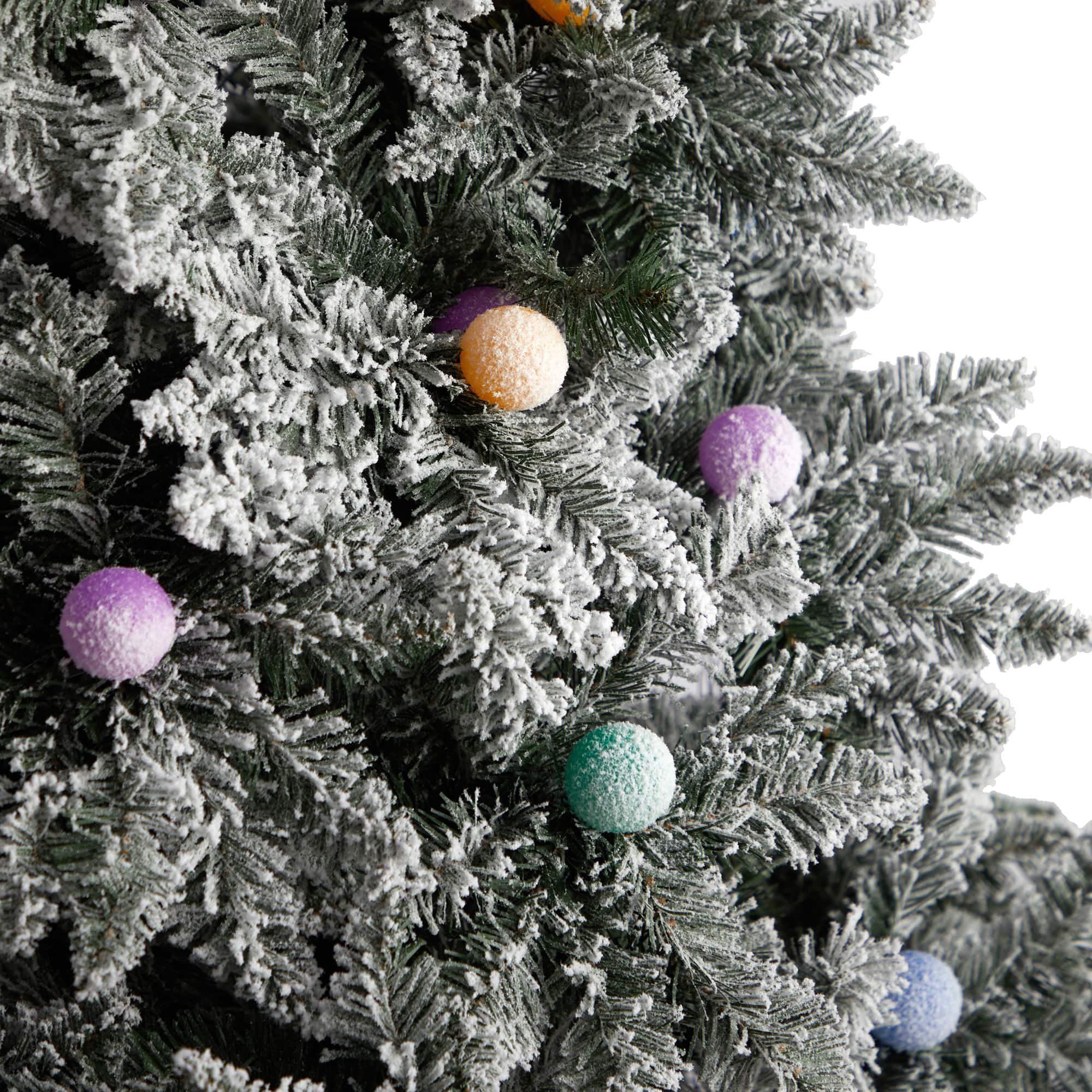 9.5ft. Pre-Lit Flocked British Columbia Mountain Fir Artificial Christmas Tree, Multicolor Globe Bulbs