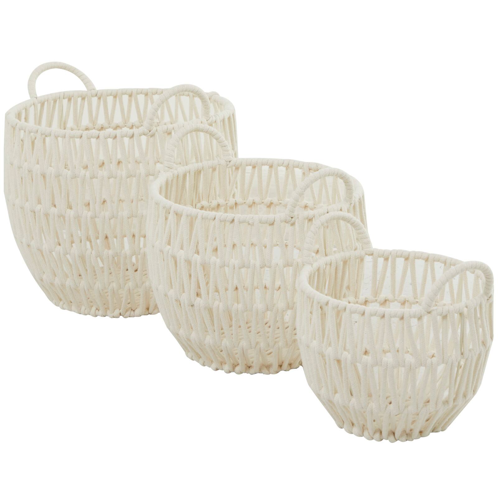 White Cotton Handmade Storage Basket with Handles Set of 3 14", 12", 10"