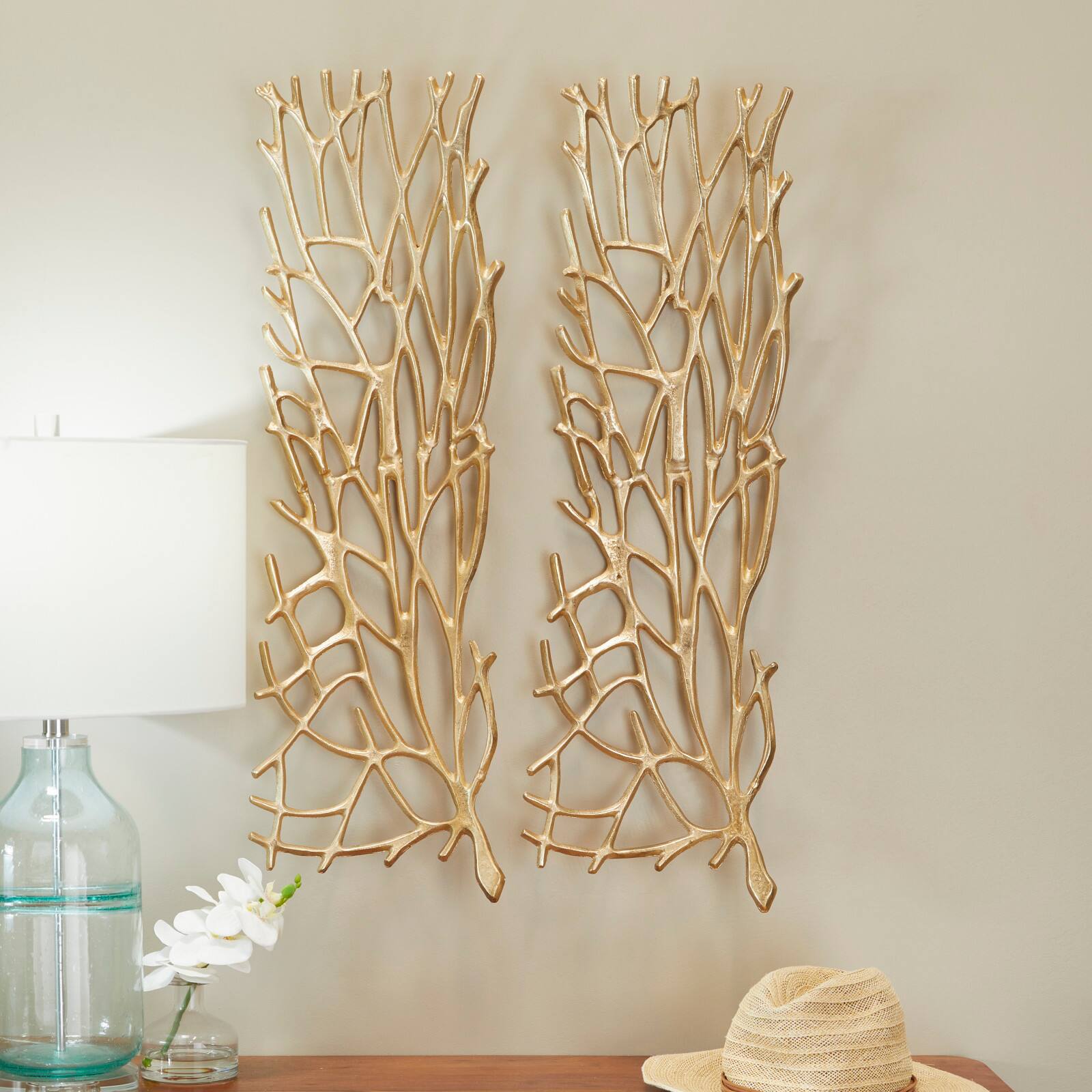 Gold Aluminum Inspired Coral Wall Decor Set of 2 11&#x22;, 33&#x22;