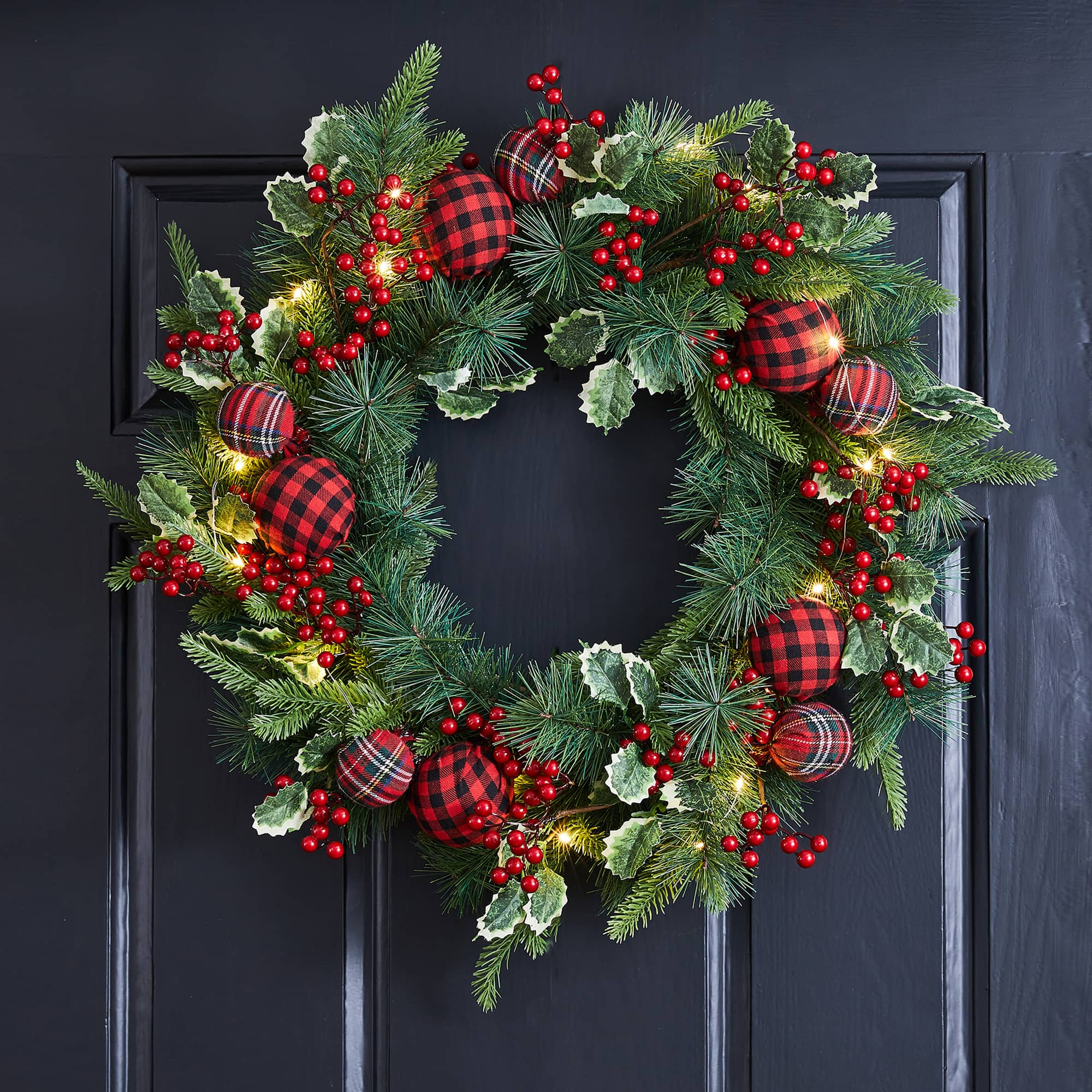 Glitzhome&#xAE; 24&#x22; Pre-Lit Ornament, Berry, Holly &#x26; Pine Wreath