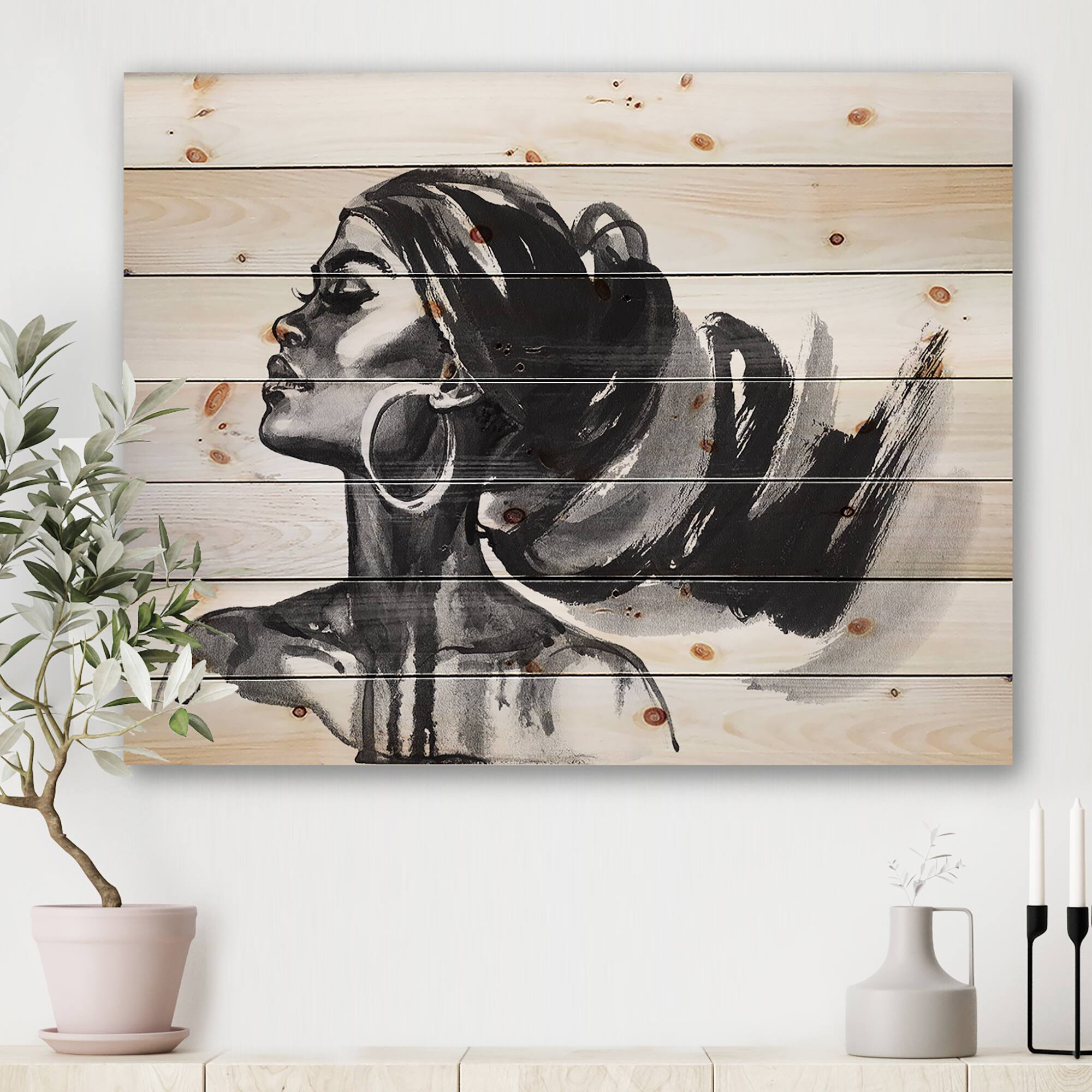 Designart - Monochrome Portrait of African American Woman IV - Modern Print on Natural Pine Wood