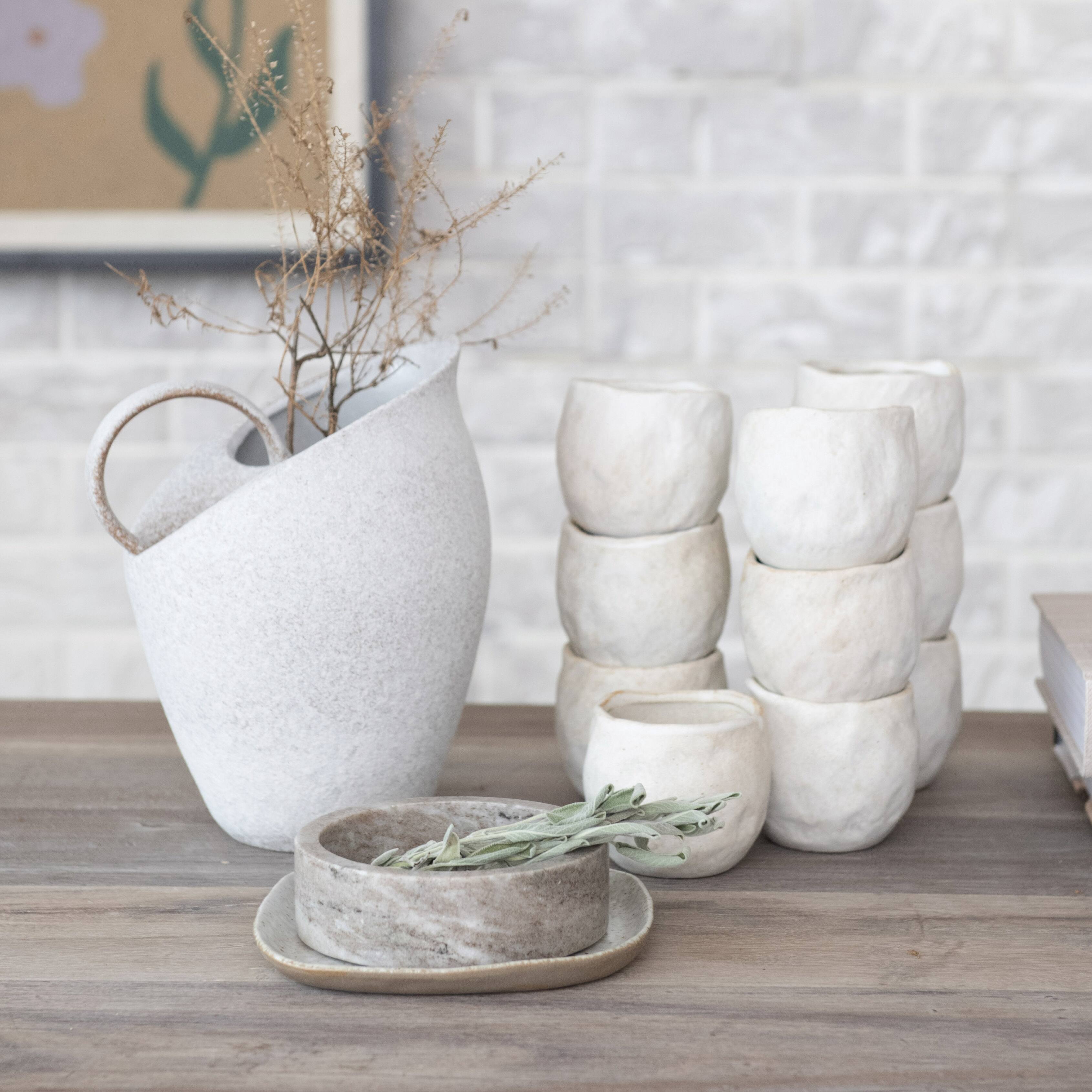 9&#x22; White Textured Stoneware Pitcher in Reactive Glaze