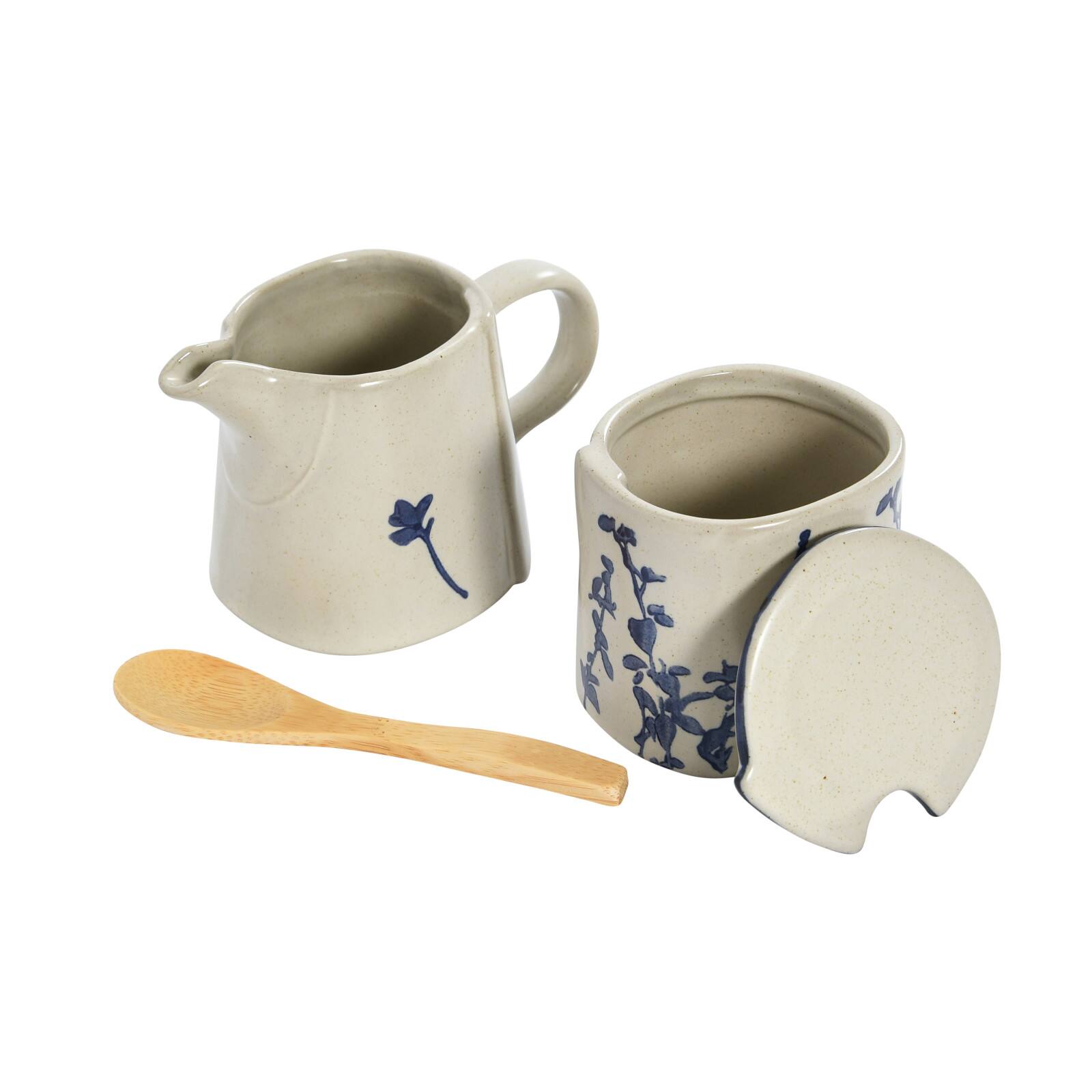 Hello Honey&#xAE; Antique White &#x26; Blue Hand Stamped Stoneware Sugar Pot &#x26; Creamer Set