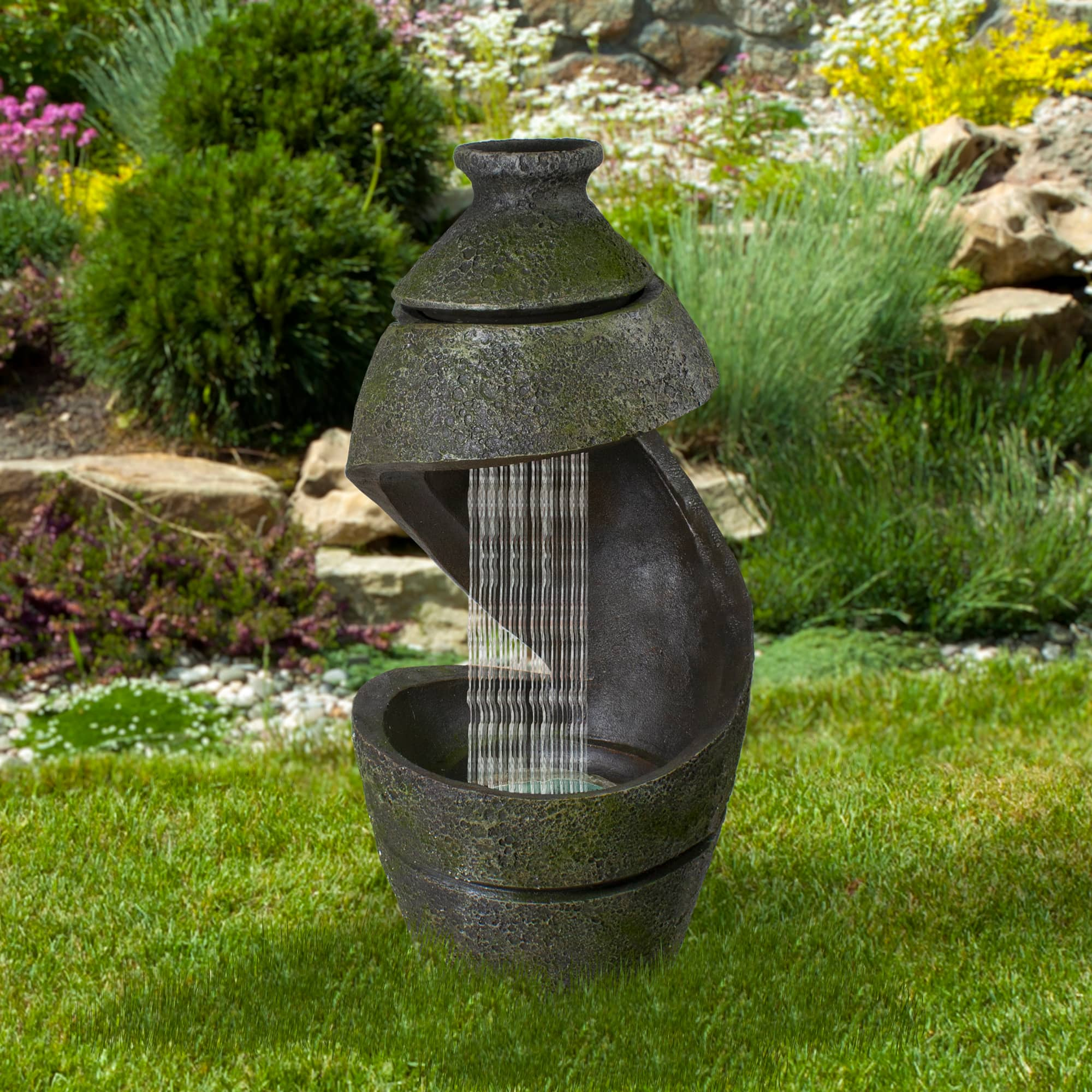 2.5ft. Green &#x26; Gray Mossy Outdoor Garden Water Fountain