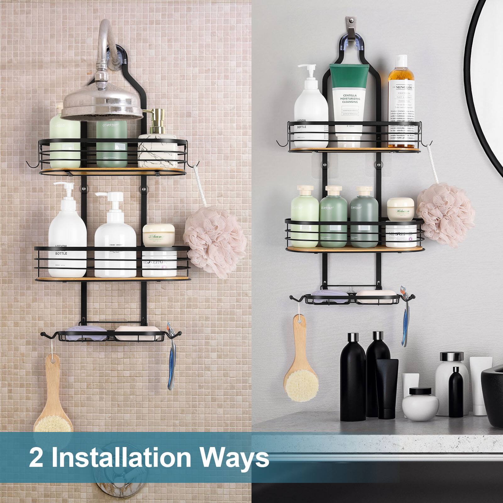 NEX&#x2122; Black Stainless Steel &#x26; Bamboo Hanging Caddy Shower Organizer with Hooks
