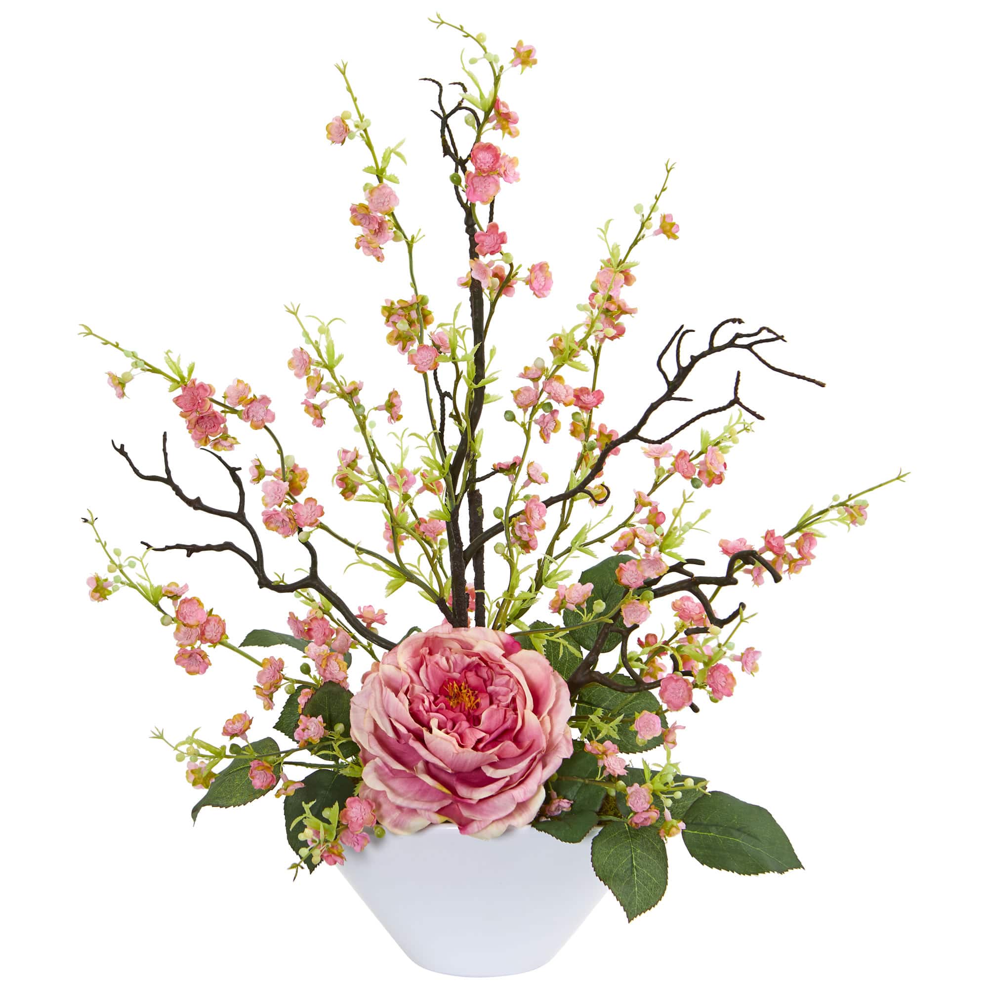23" Rose & Cherry Blossom Arrangement in White Planter