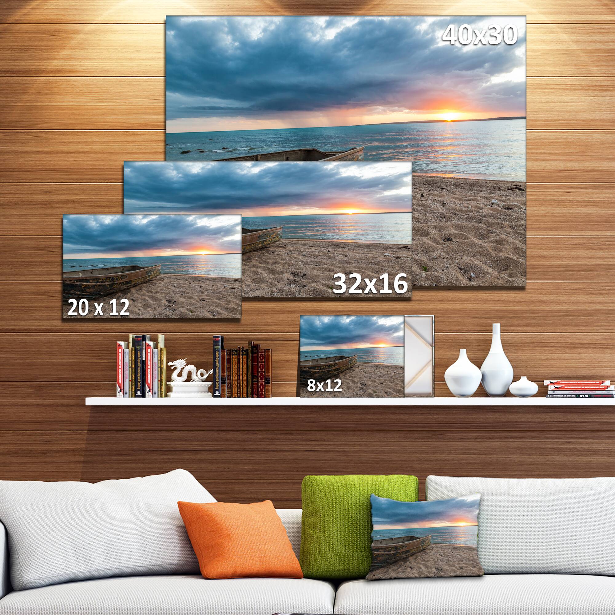 Designart - Rusty Row Boat on Sand at Sunset - Extra Large Seascape Art  Canvas