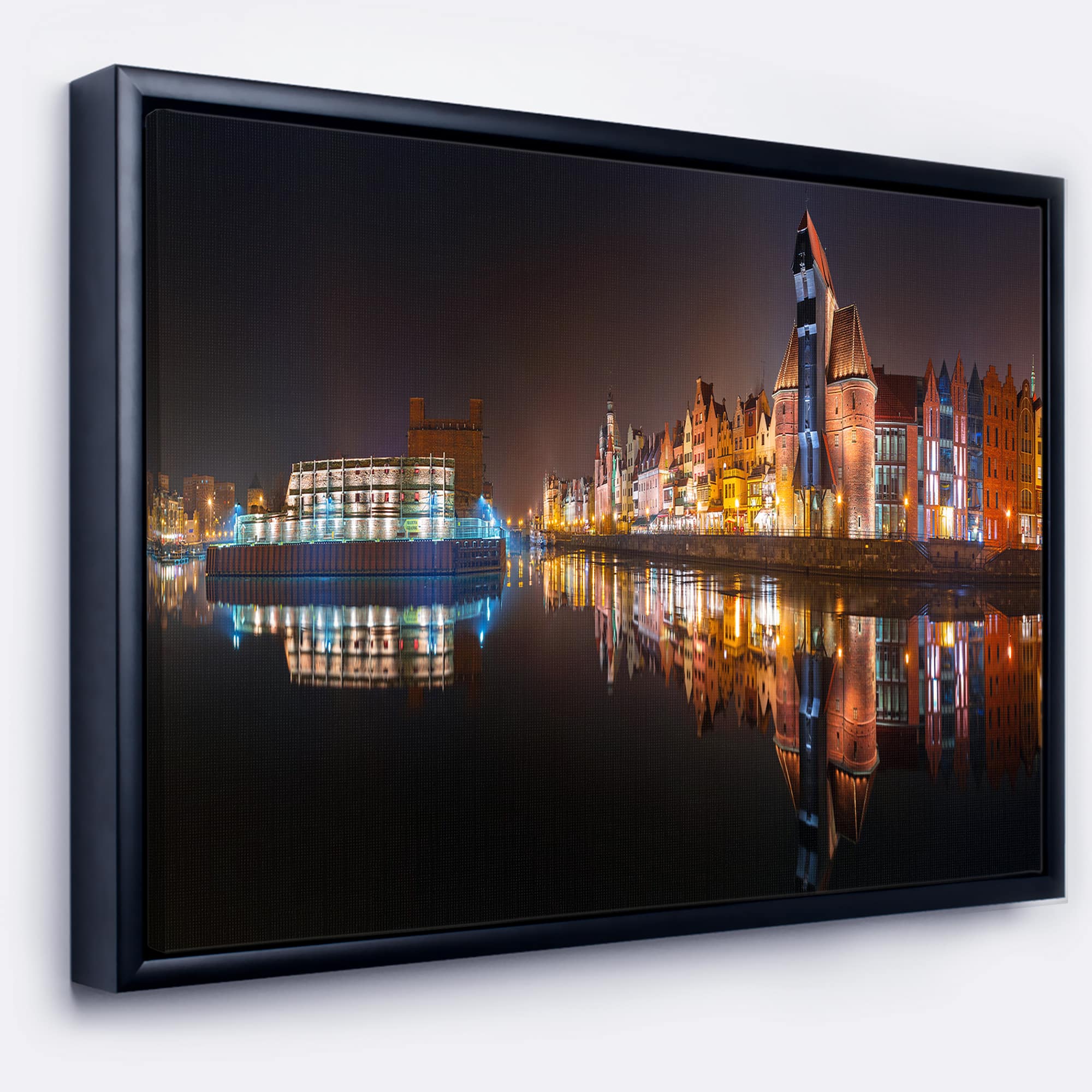 Designart - Panorama of Gdansk Old Town - Landscape Photography Canvas Print in Black Frame
