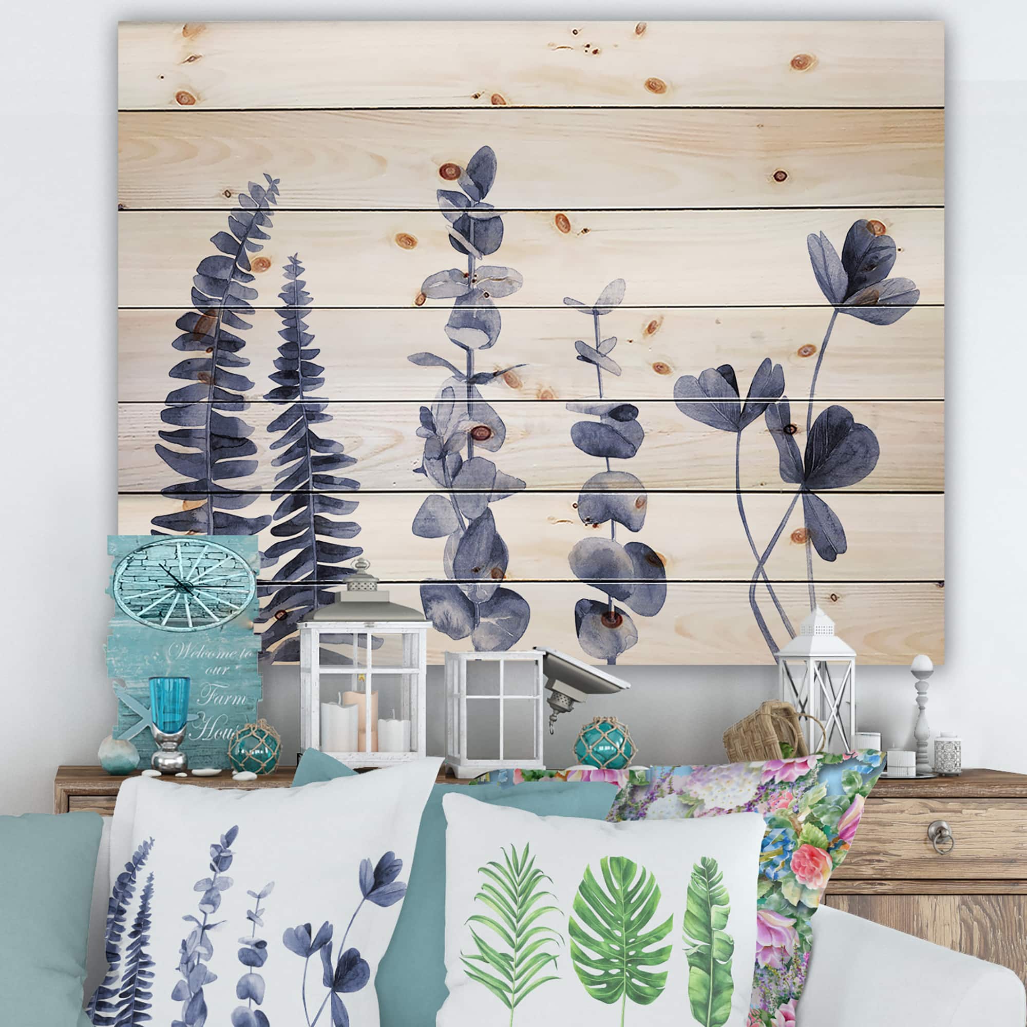 Designart - Navy Blue Eucalyptus I - Traditional Print on Natural Pine Wood