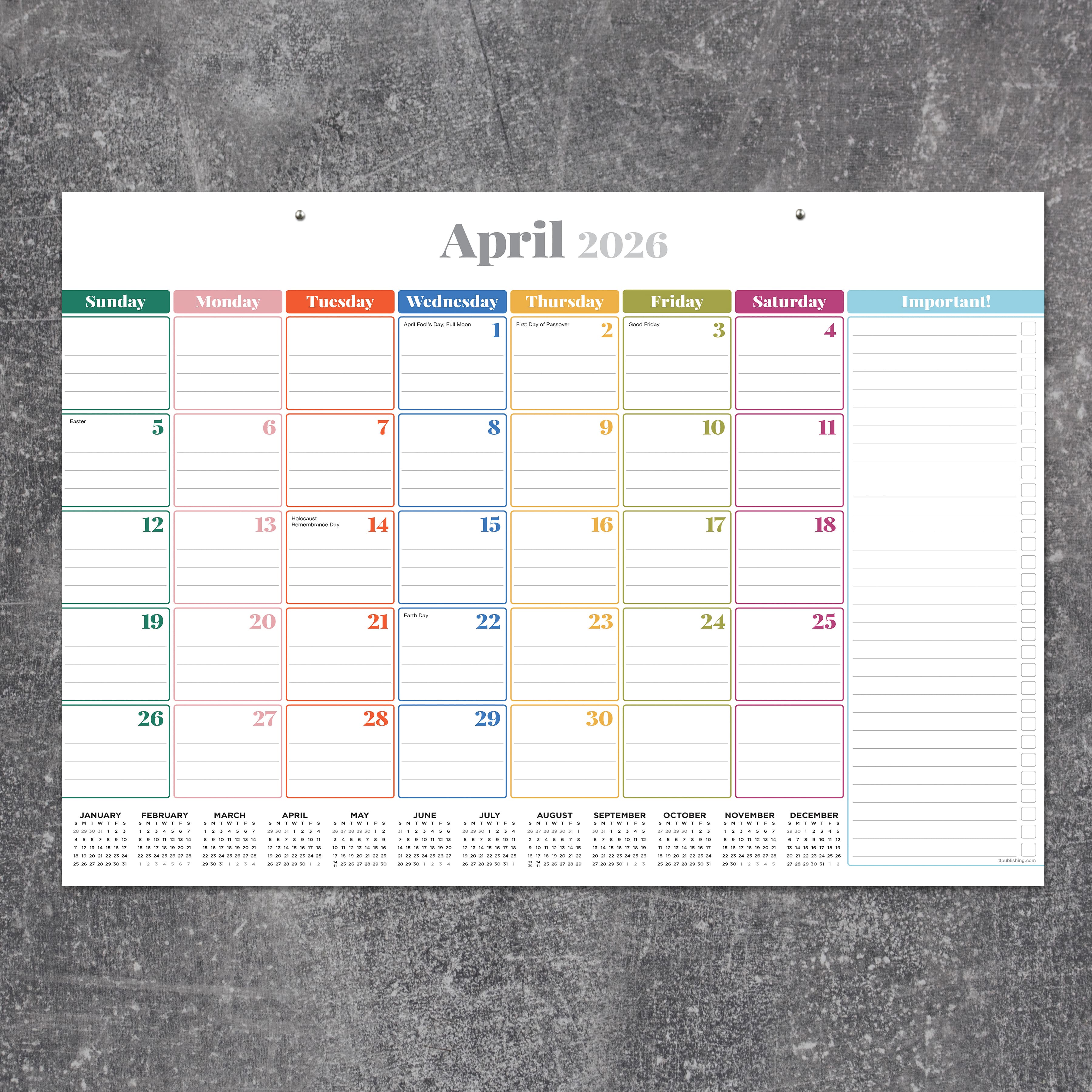 2026 Rainbow Blocks Medium Desk Pad Monthly Blotter Calendar