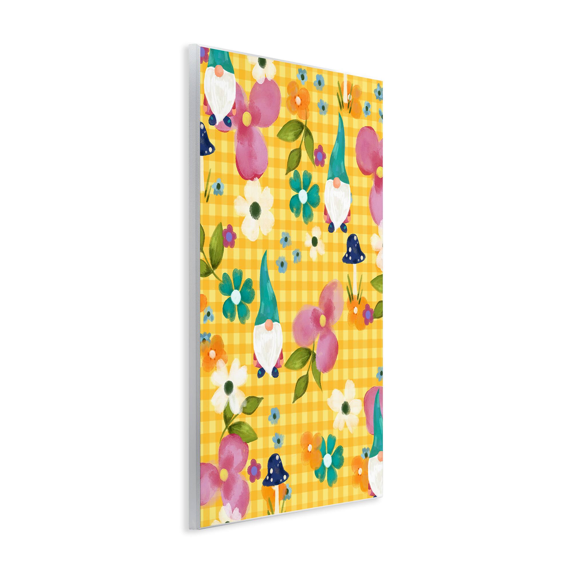 Stupell Industries Yellow Tartan Patterned Spring Gnomes Mushrooms Wall Plaque Art