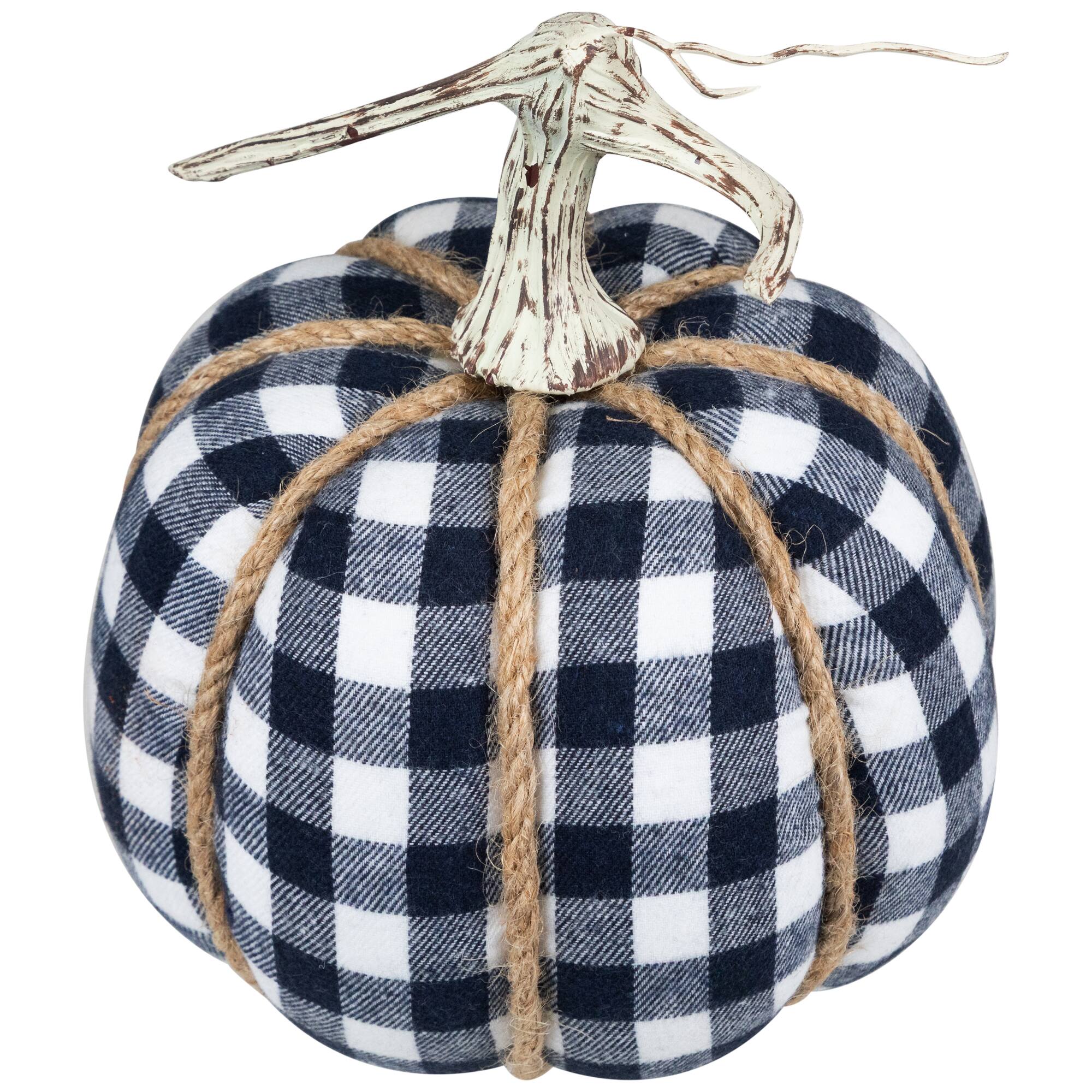Dark Blue & White Plaid Fall Harvest Tabletop Pumpkin