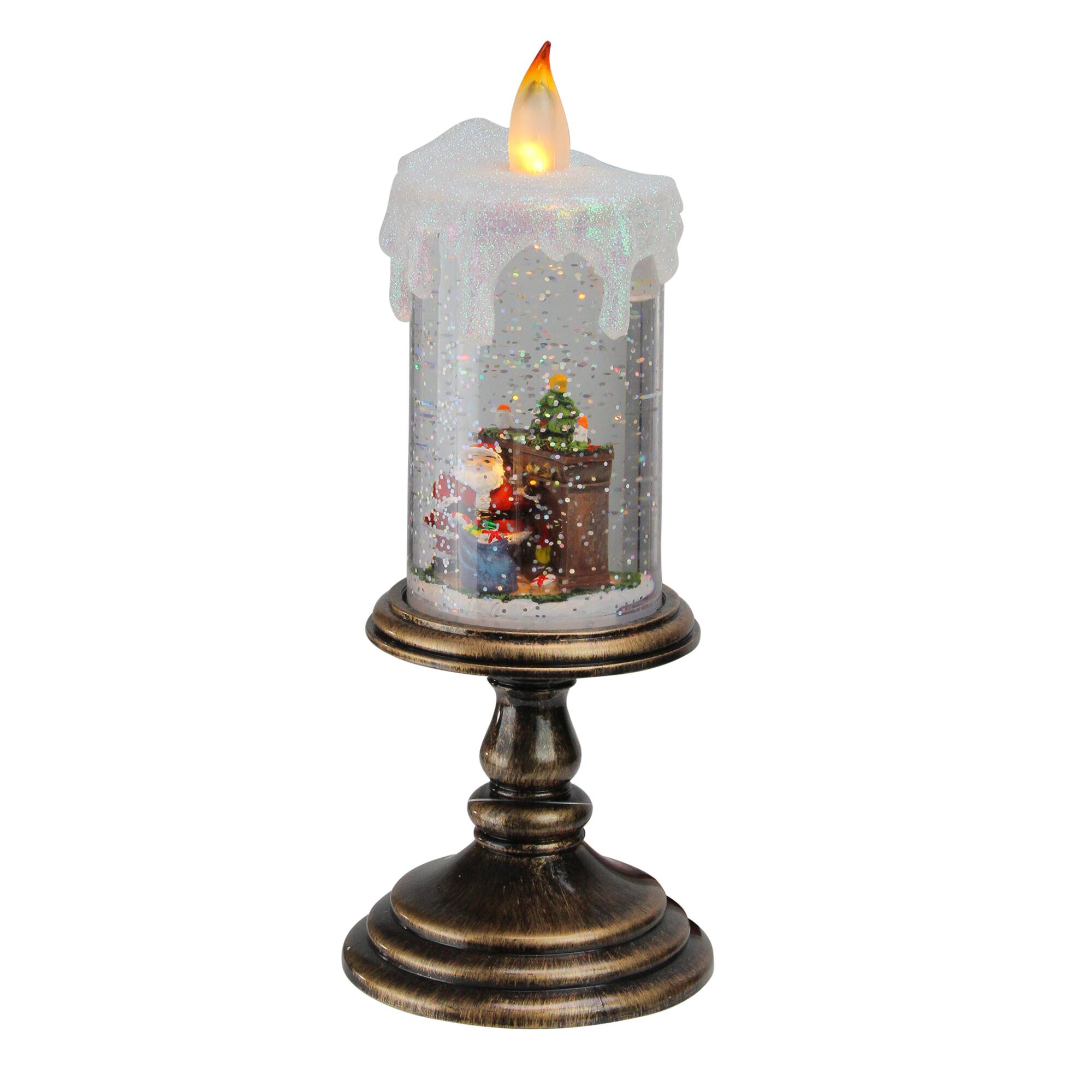 10.25&#x22; LED Flameless Glitter Snow Dome Santa Candle