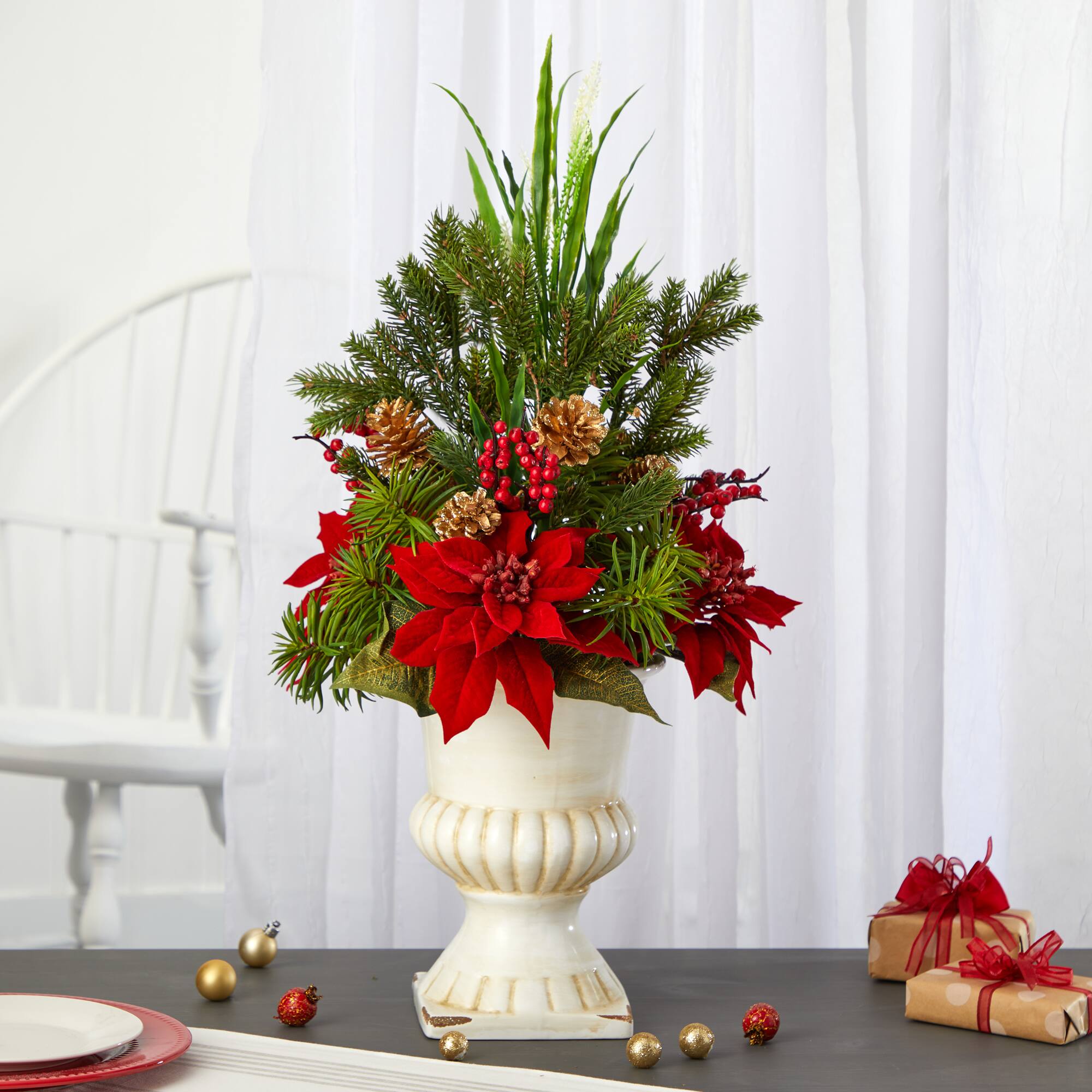 2ft. Poinsettia, Grass & Succulent Arrangement in White Urn