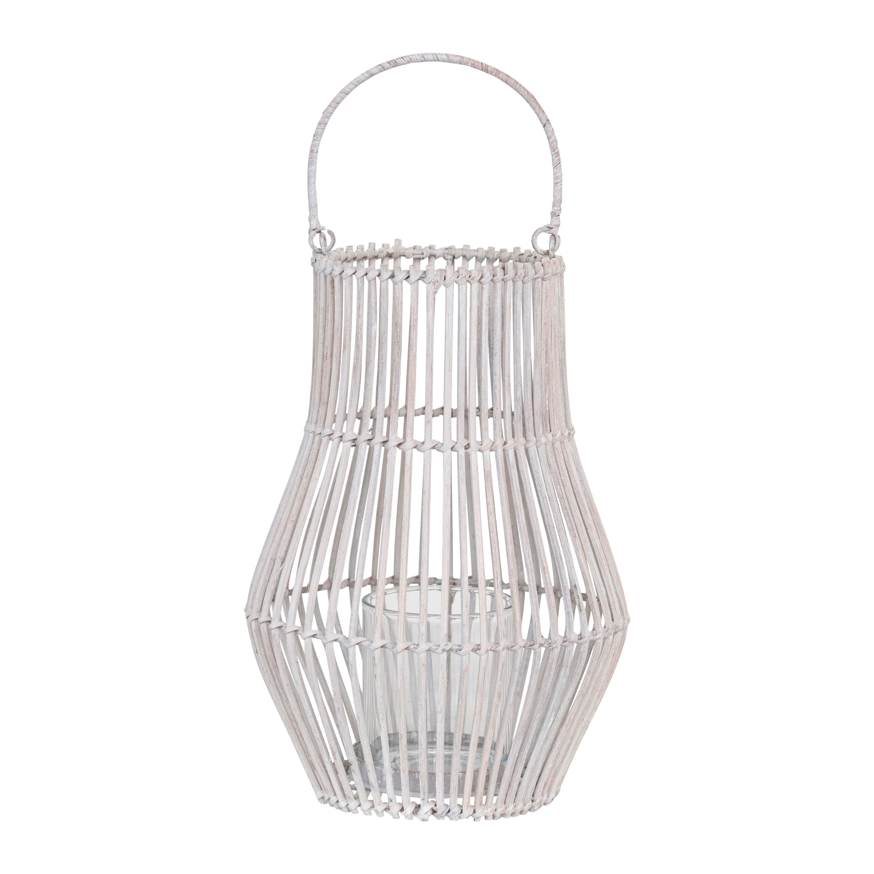 Hello Honey® 11.7" Whitewashed Round Hand-Woven Bamboo Lantern with Handle & Glass Insert