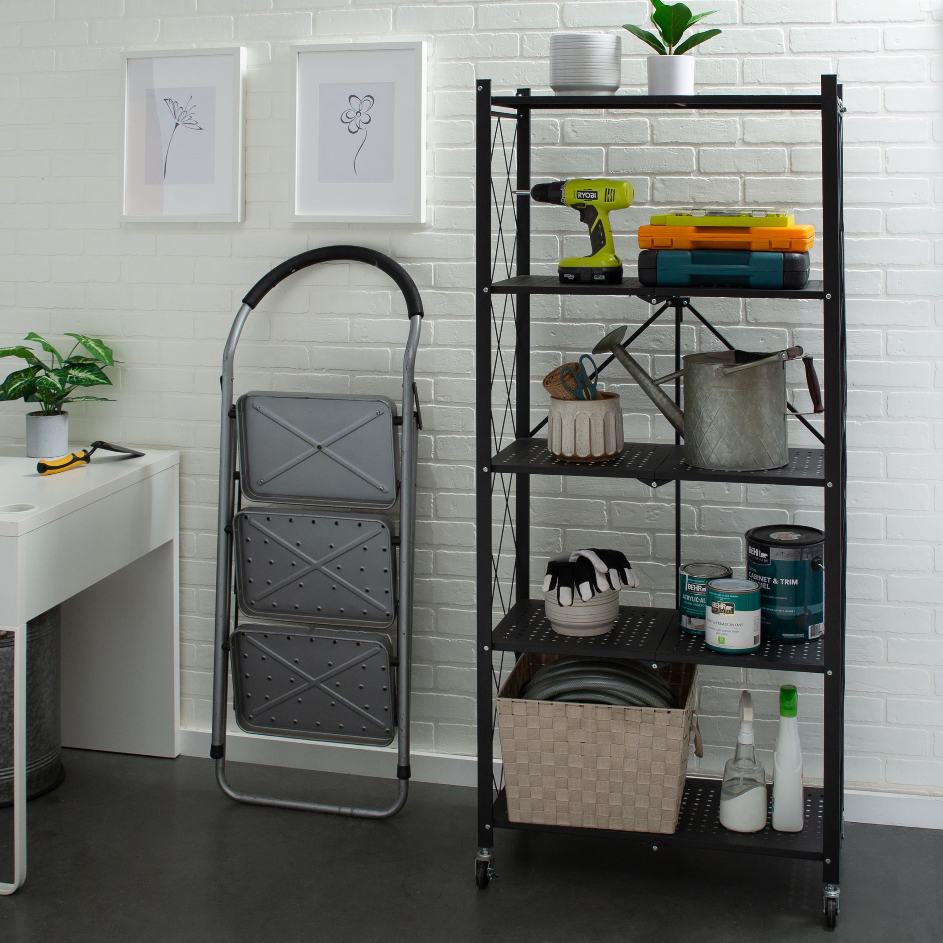 Organize It All Black 5-Tier Foldable Metal Rack with Wheels