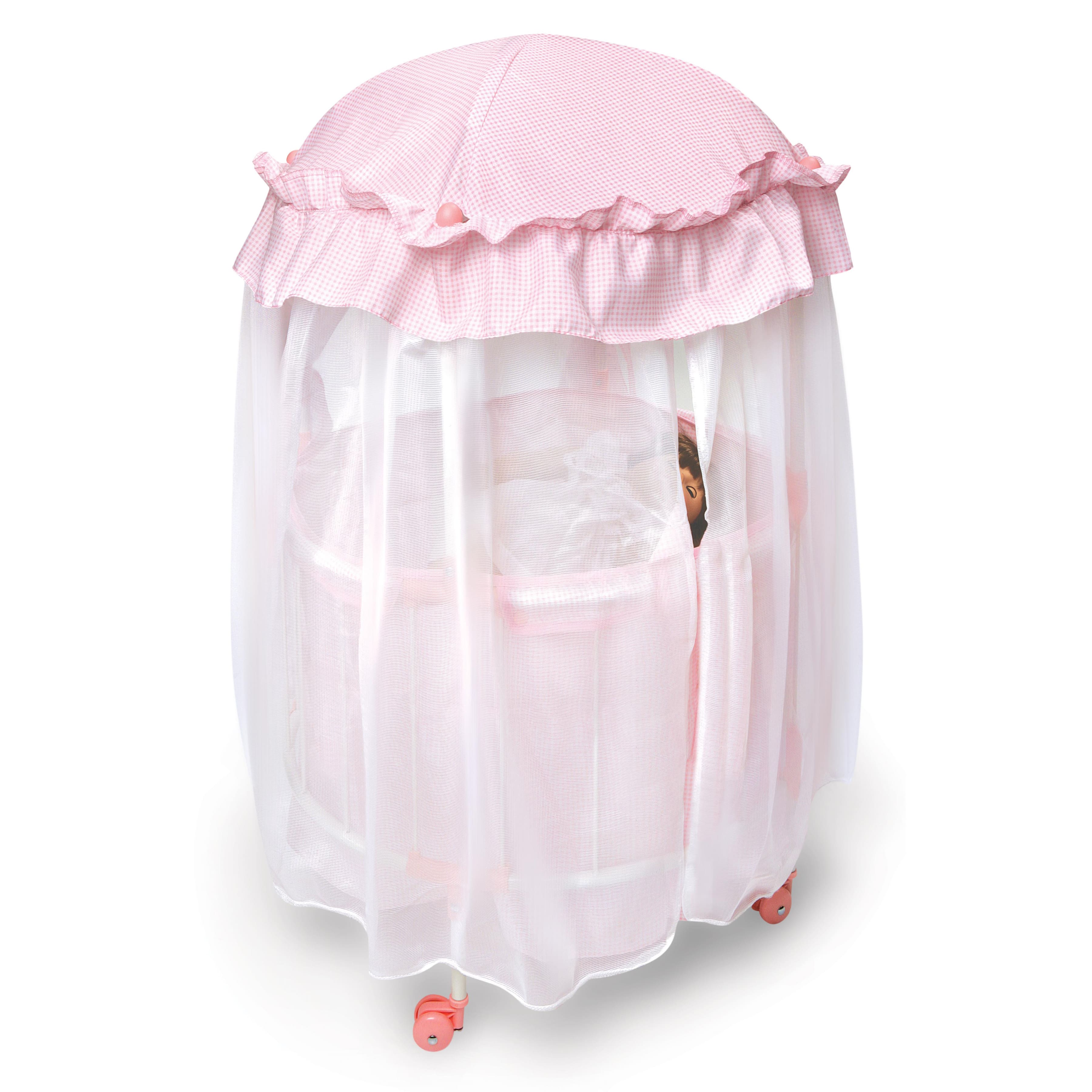 Badger Basket Pink &#x26; White Royal Pavilion Round Doll Crib with Canopy &#x26; Bedding