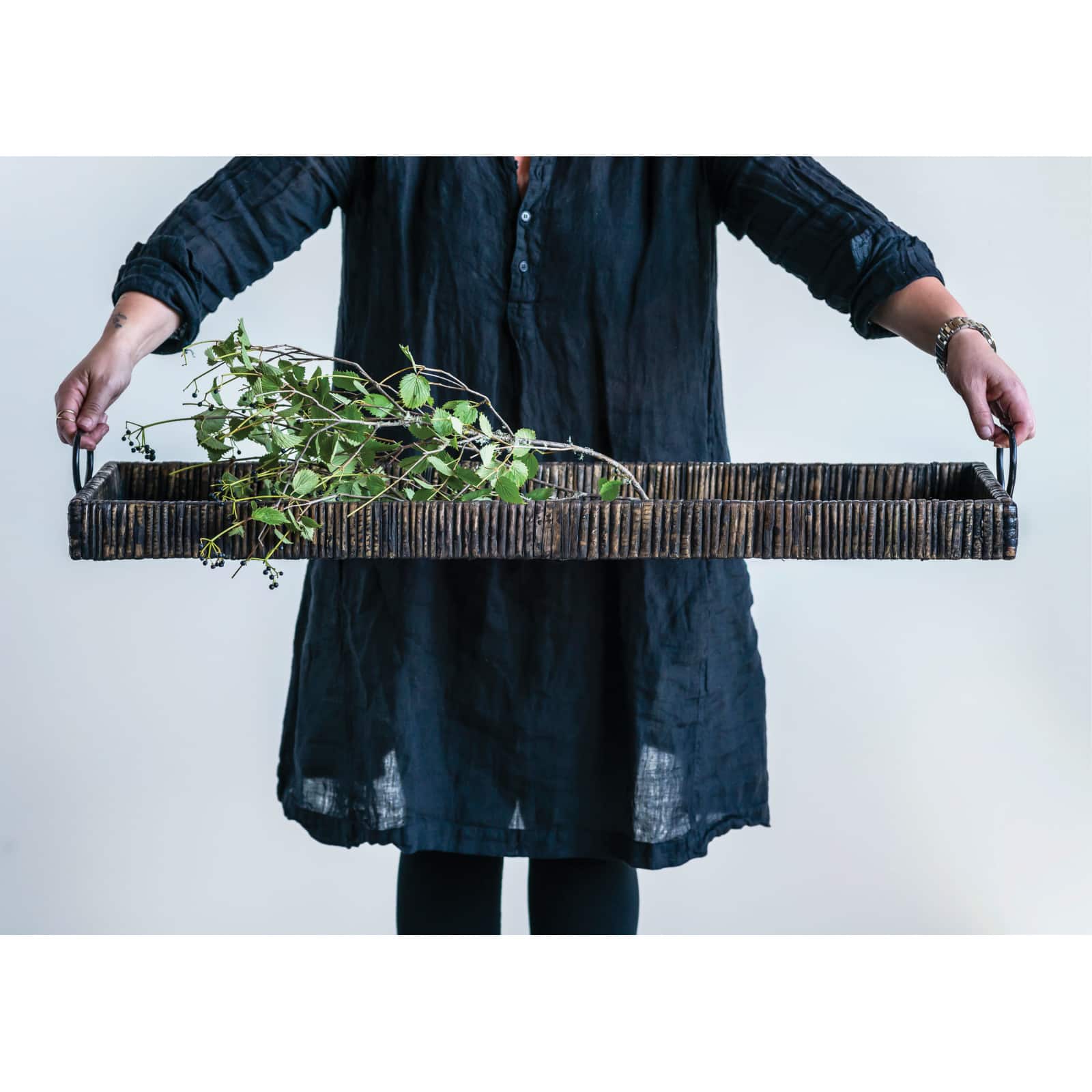 Hello Honey® Black Rattan & Wood Tray with Handles