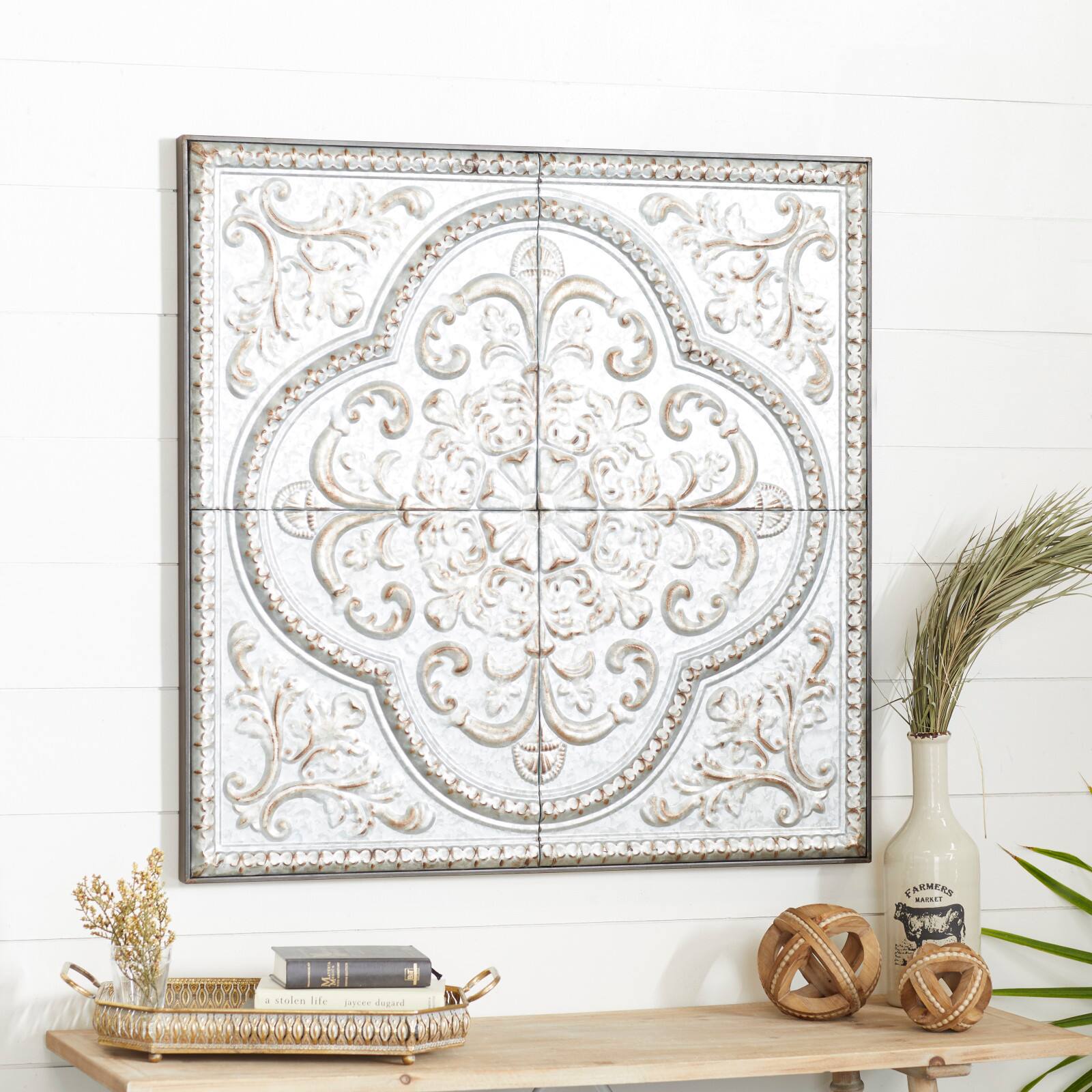 36&#x22; Gray Metal Rustic Floral Wall D&#xE9;cor